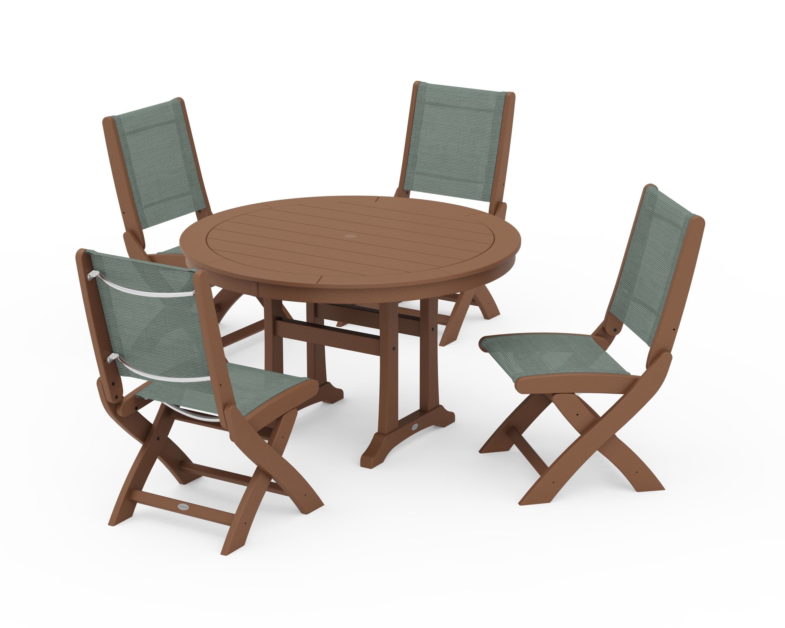 POLYWOOD Coastal Folding Side Chair 5-Piece Round Dining Set With Trestle Legs in Teak / Dupioni Sea Mist Sling