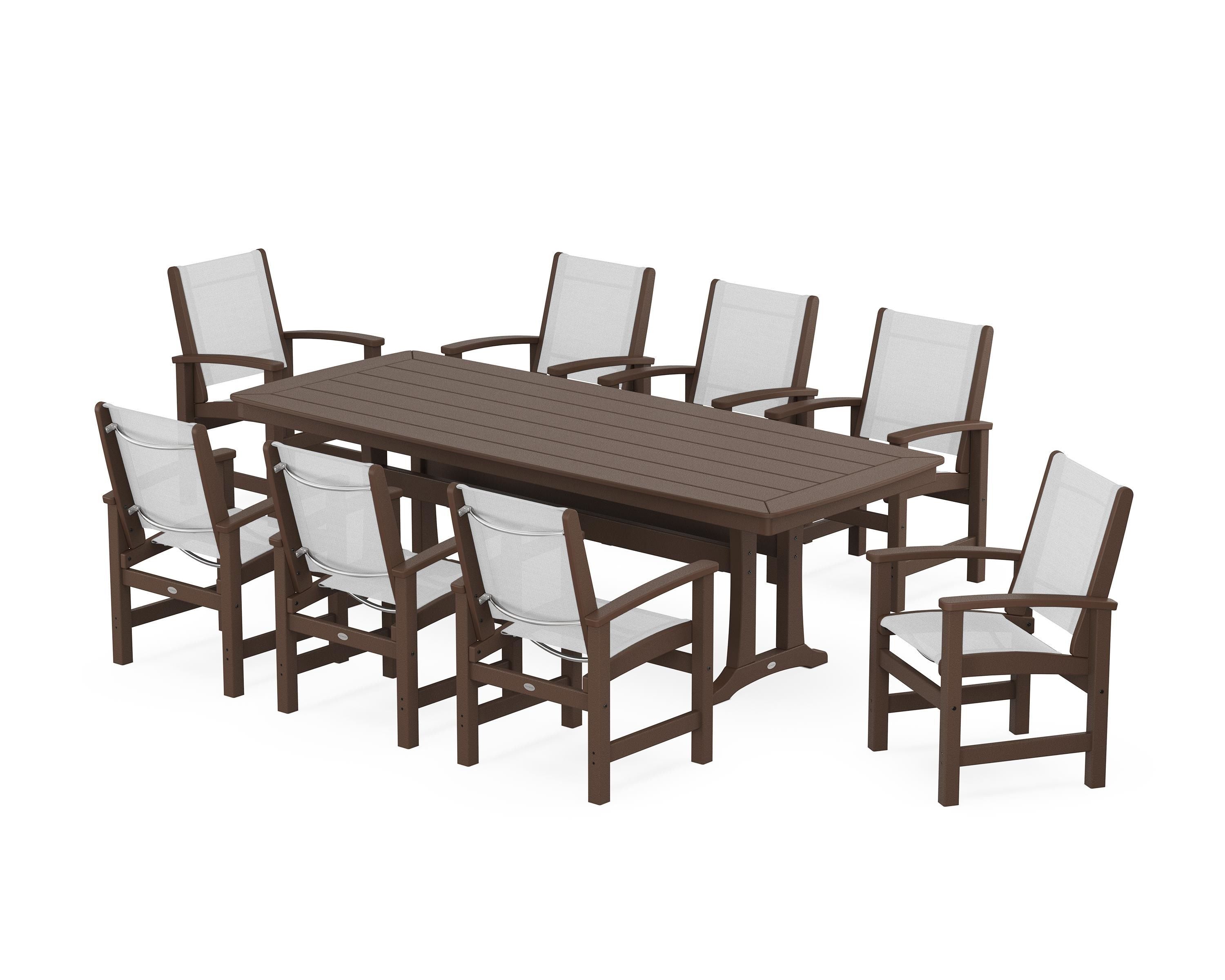 POLYWOOD Coastal 9-Piece Dining Set with Trestle Legs in Mahogany / White Sling