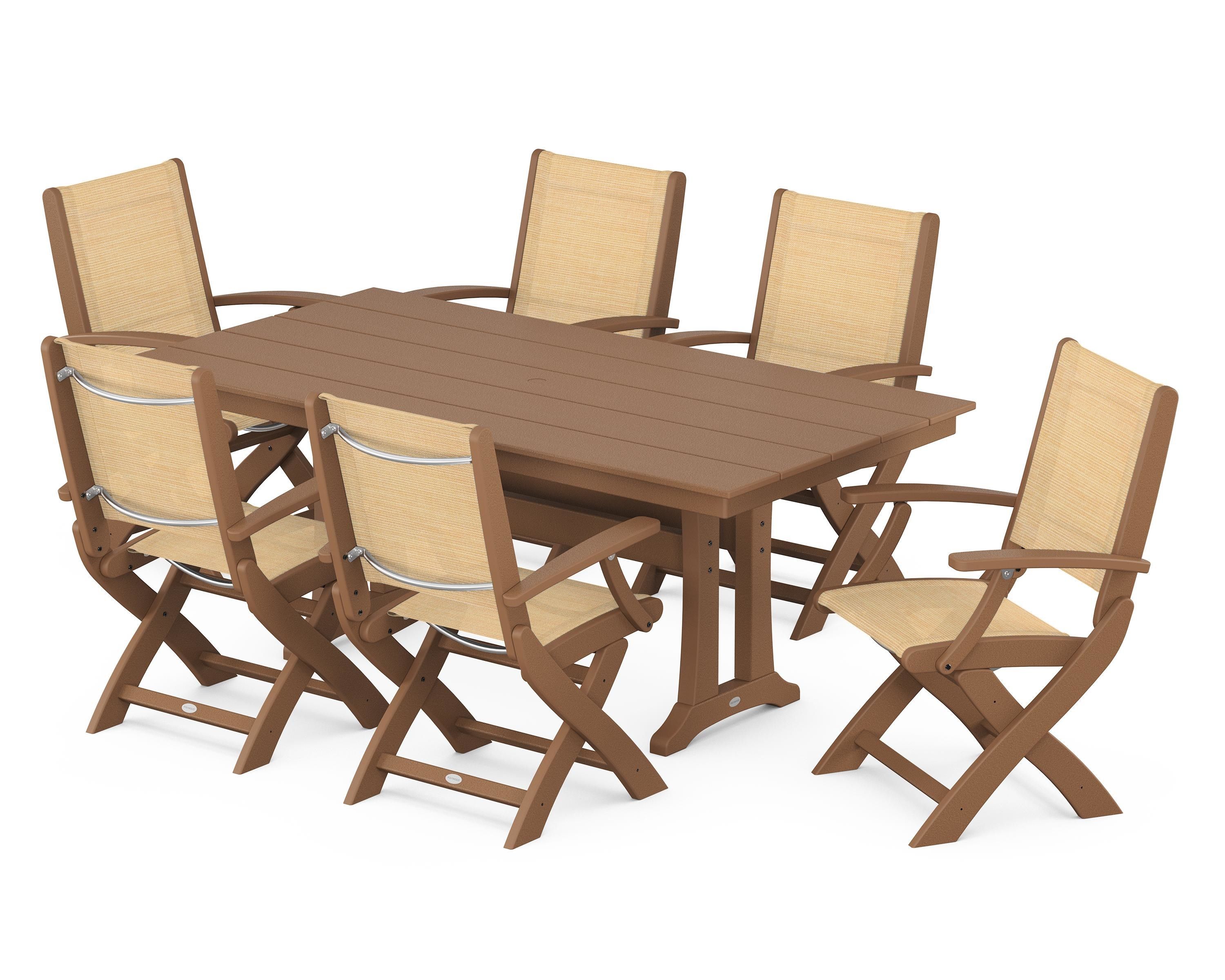 POLYWOOD Coastal Folding Arm Chair 7-Piece Farmhouse Dining Set with Trestle Legs in Teak / Dupioni Apricot Sling