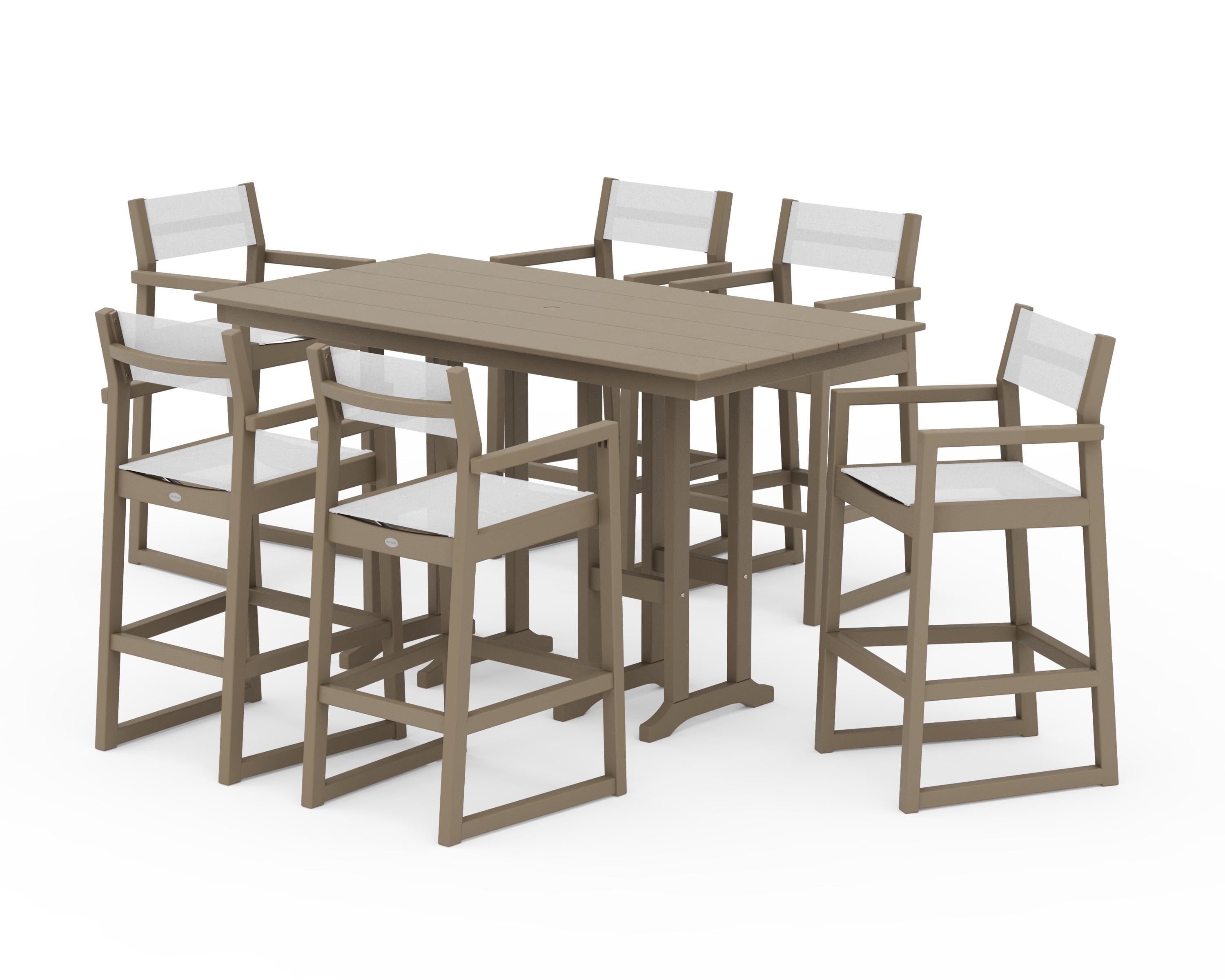 POLYWOOD EDGE Sling Arm Chair 7-Piece Farmhouse Bar Set in Vintage Sahara / White Sling