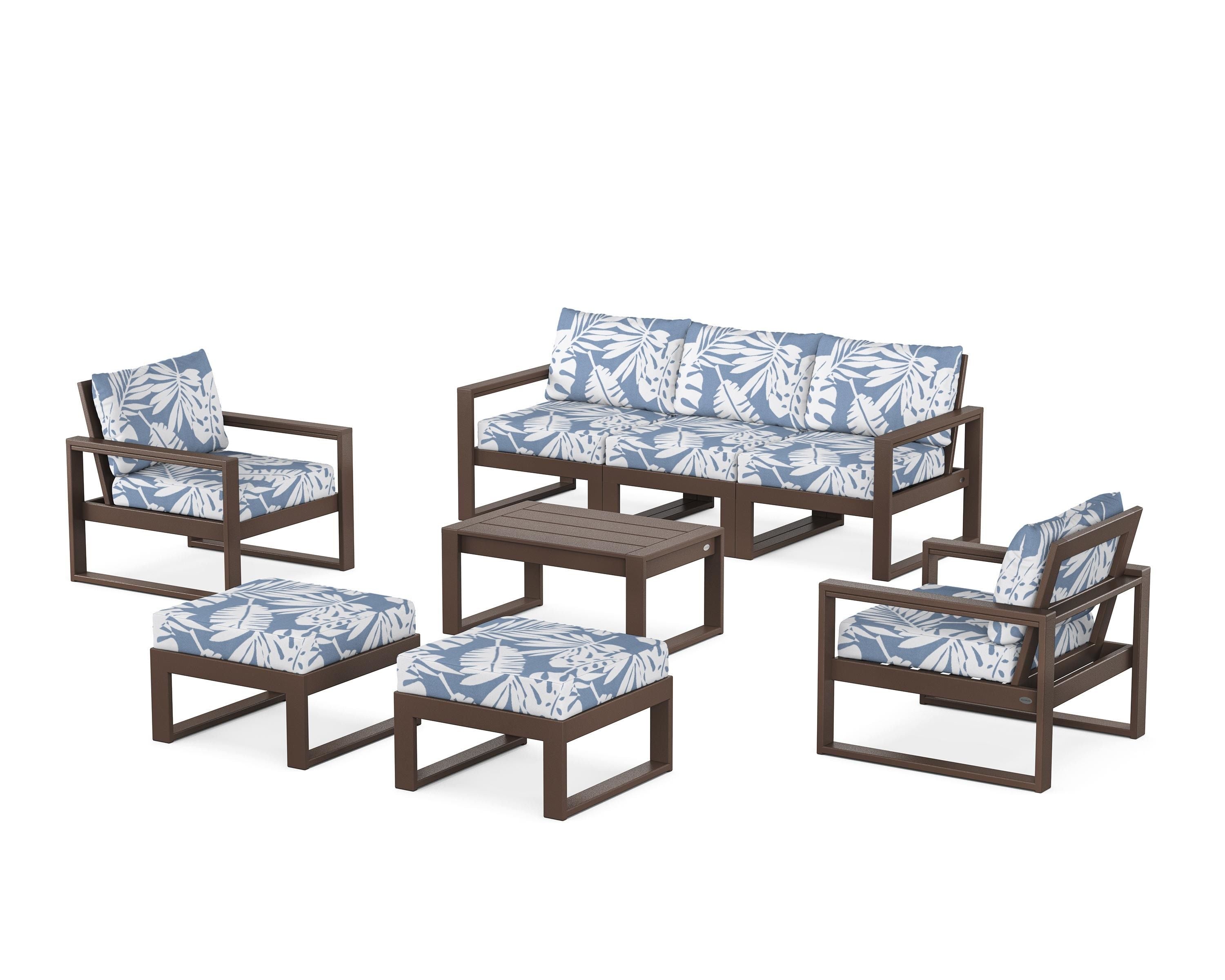 POLYWOOD EDGE Sectional 8-Piece Lounge Sofa Set in Mahogany / Leaf Sky Blue