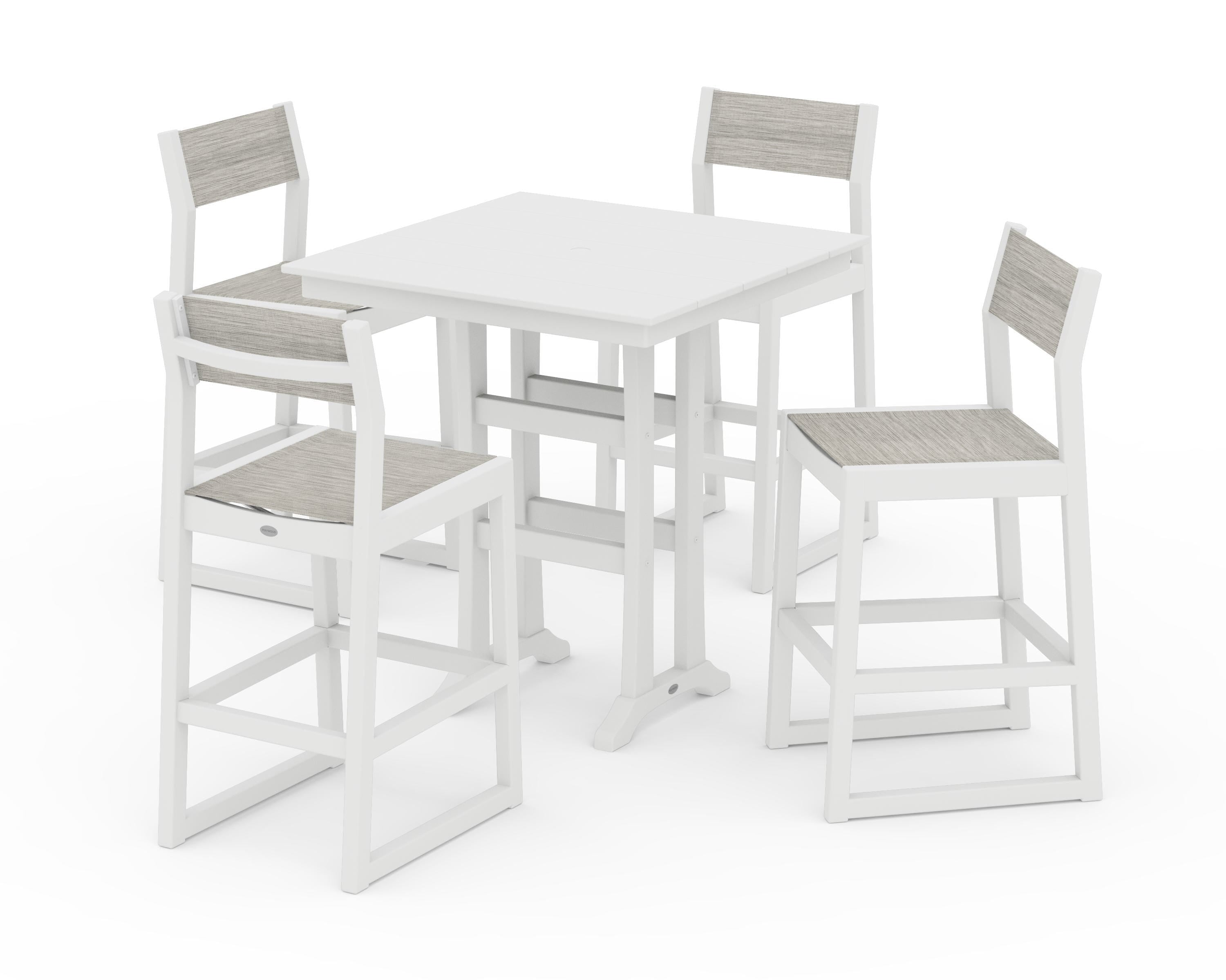 POLYWOOD EDGE Sling Arm Chair 5-Piece Farmhouse Bar Set with Trestle Legs in White / Birch Sling