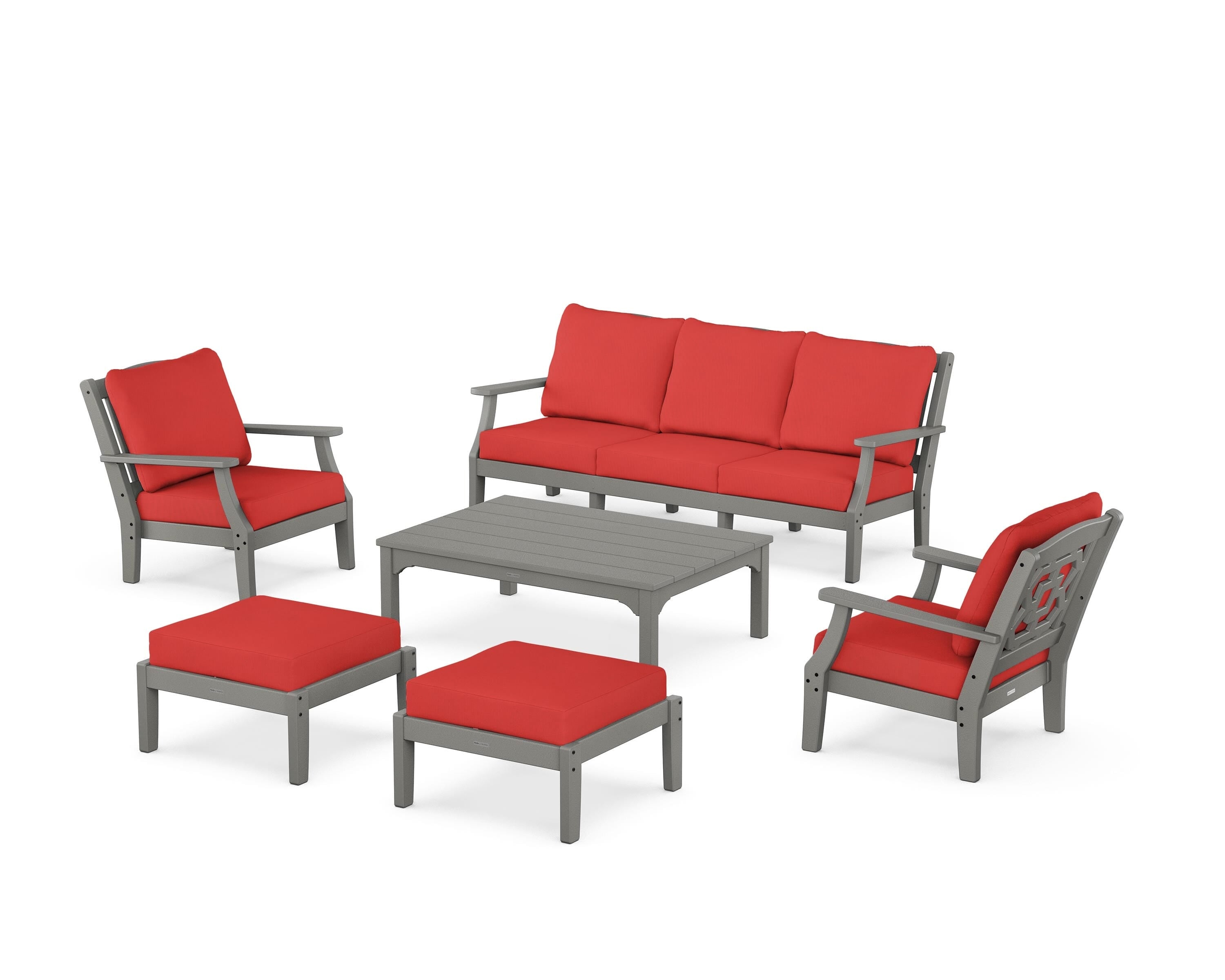 Martha Stewart by POLYWOOD Chinoiserie 6-Piece Lounge Sofa Set in Slate Grey / Crimson Linen