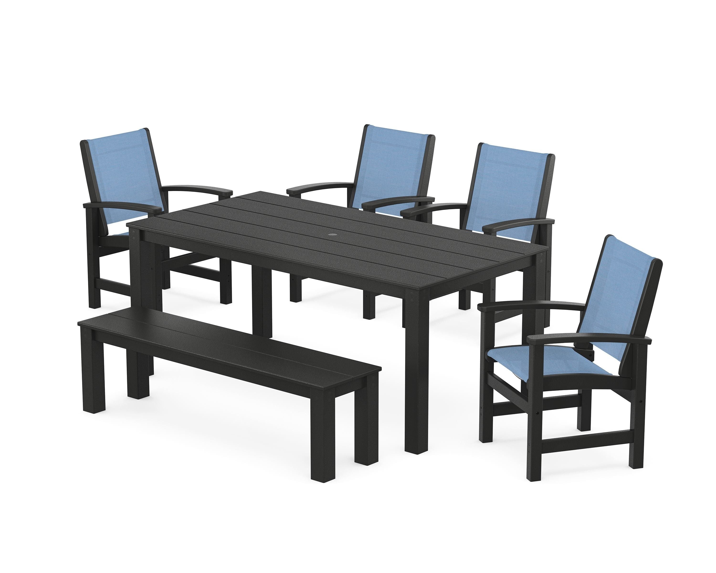 POLYWOOD Coastal 6-Piece Parsons Dining Set with Bench in Black / Poolside Sling