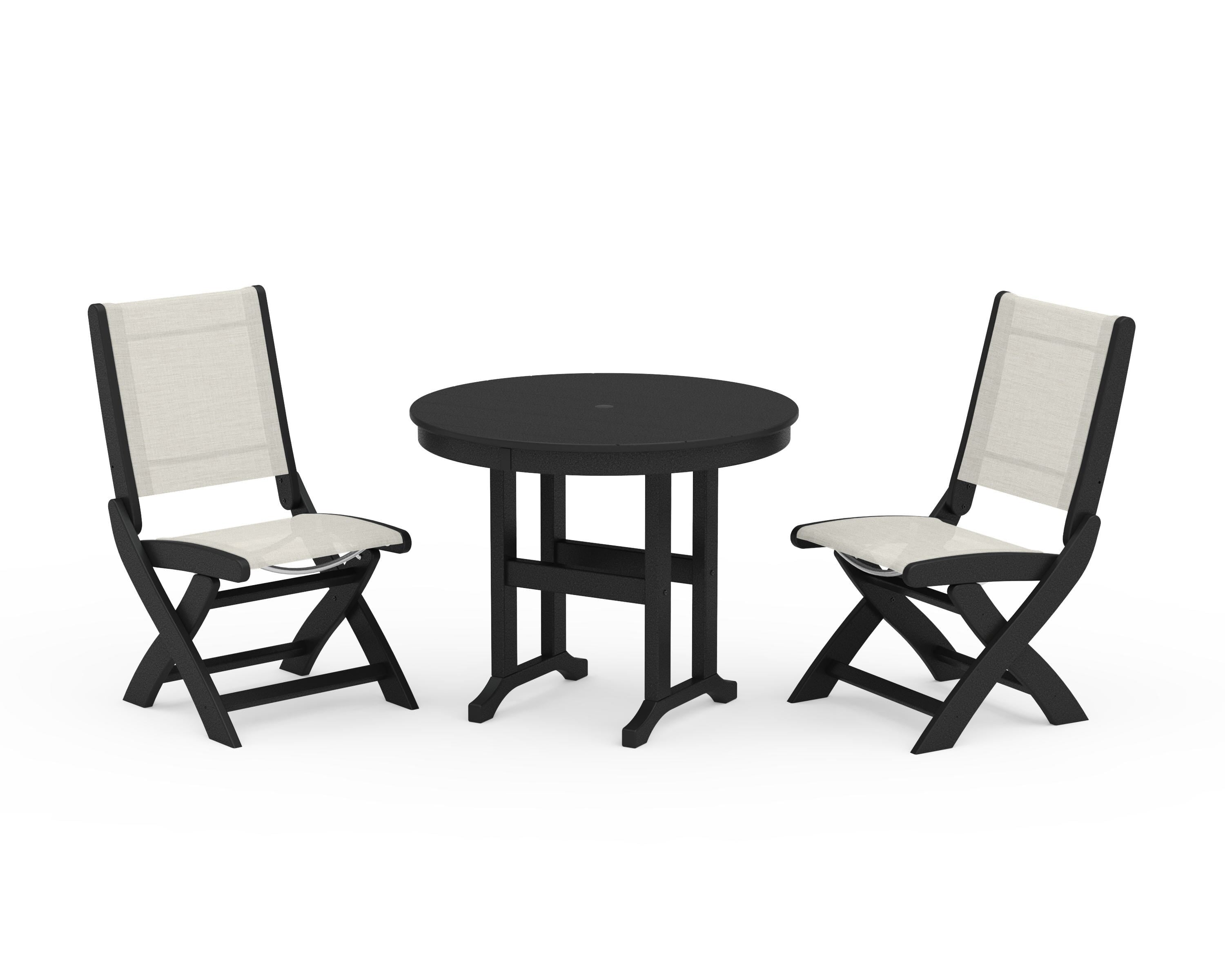 POLYWOOD Coastal Folding Side Chair 3-Piece Round Dining Set in Black / Parchment Sling