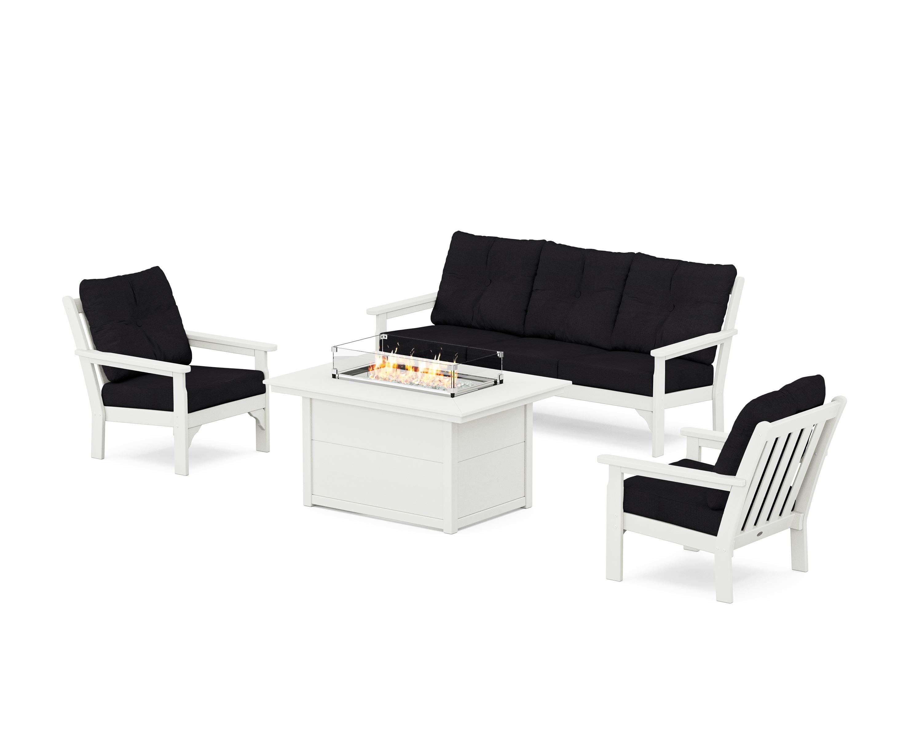 POLYWOOD Vineyard Deep Seating Fire Pit Table Set in Vintage White / Midnight Linen