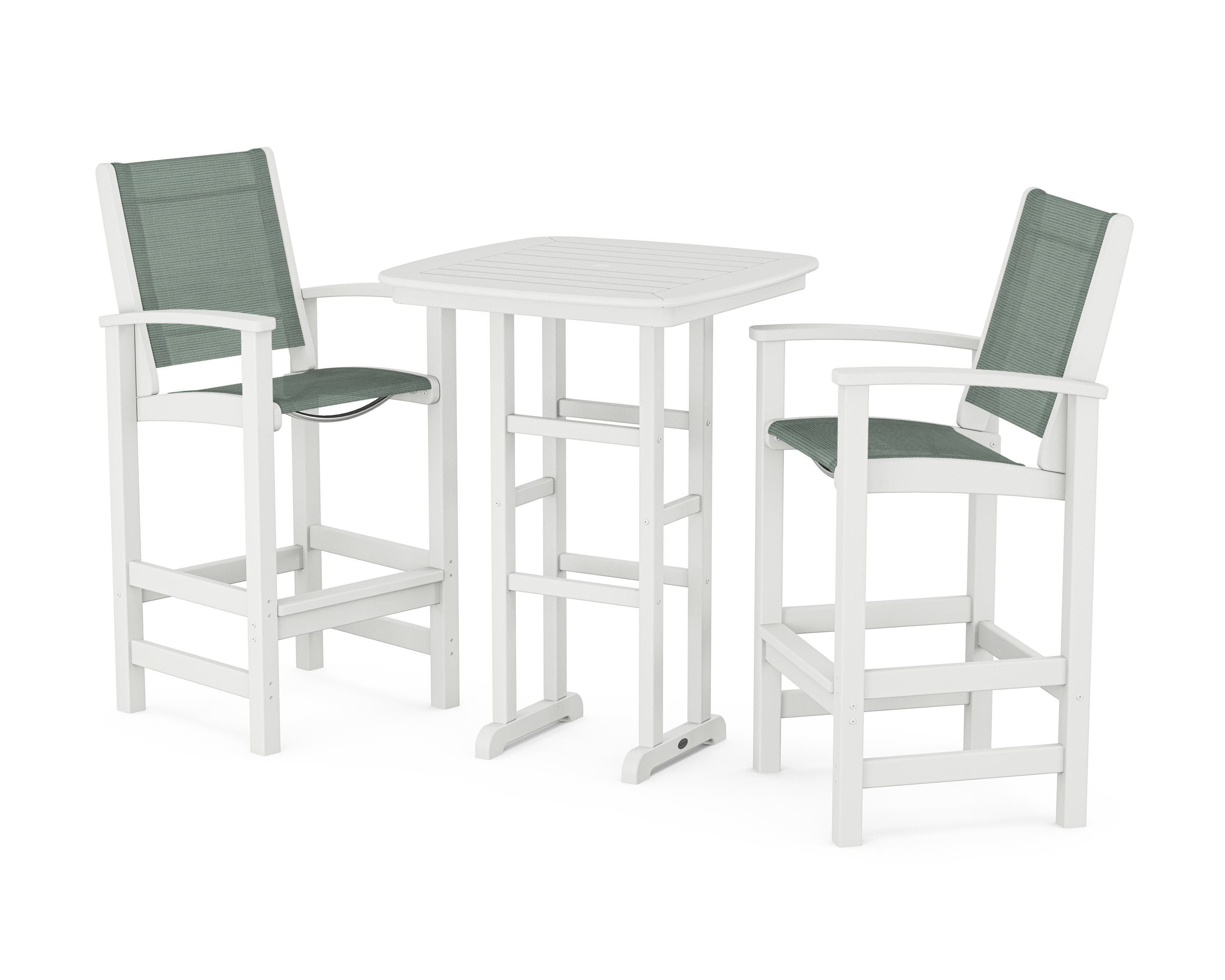 POLYWOOD Coastal 3-Piece Bar Set in White / Dupioni Sea Mist Sling
