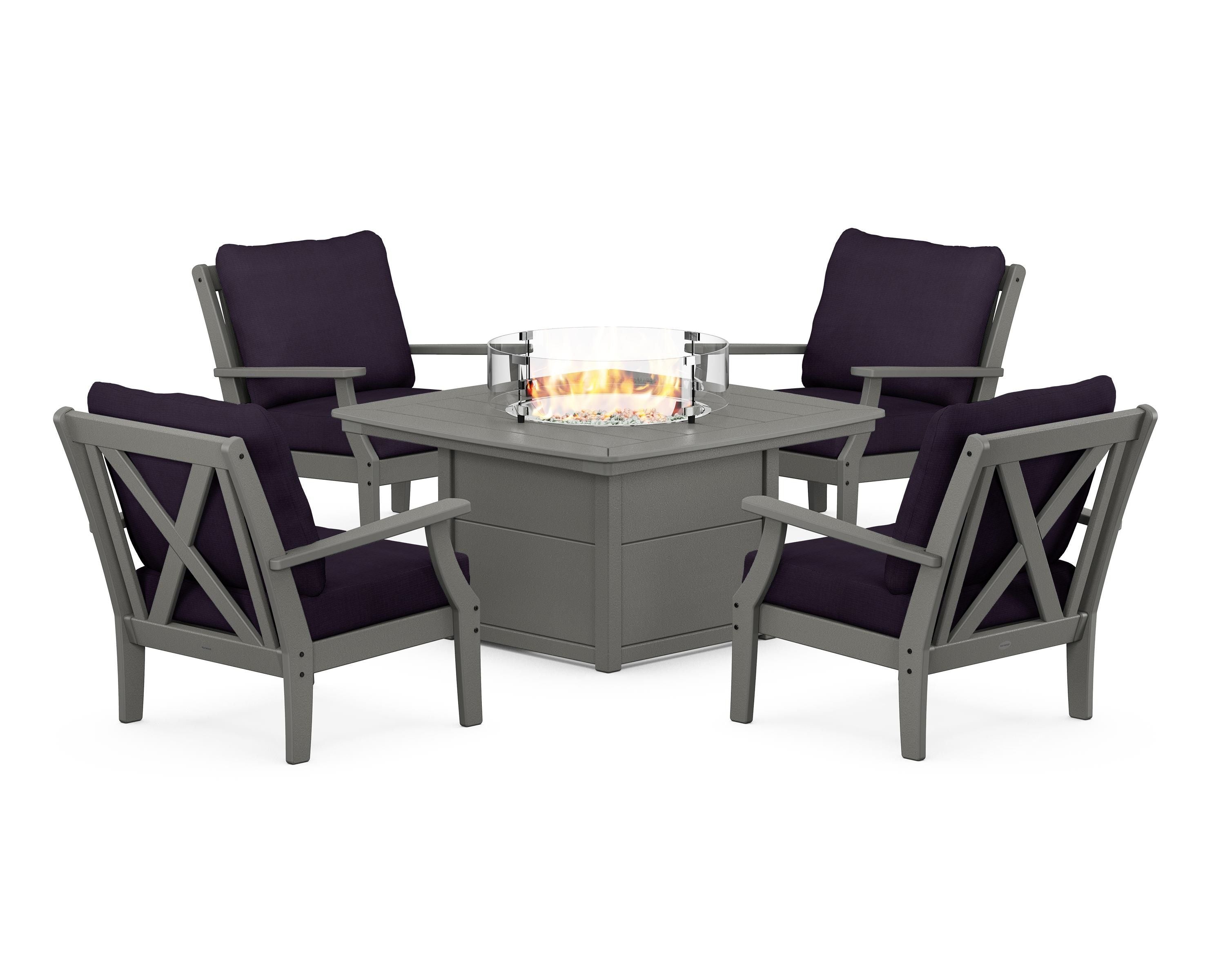 POLYWOOD Braxton 5-Piece Deep Seating Conversation Set with Fire Pit Table in Slate Grey / Navy Linen