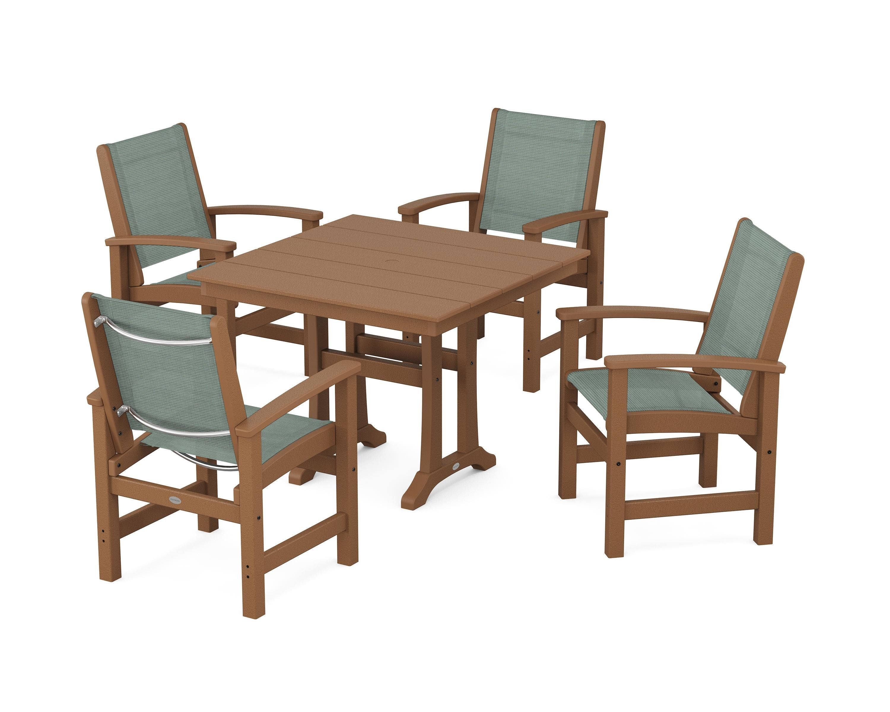 POLYWOOD Coastal 5-Piece Farmhouse Dining Set With Trestle Legs in Teak / Dupioni Sea Mist Sling