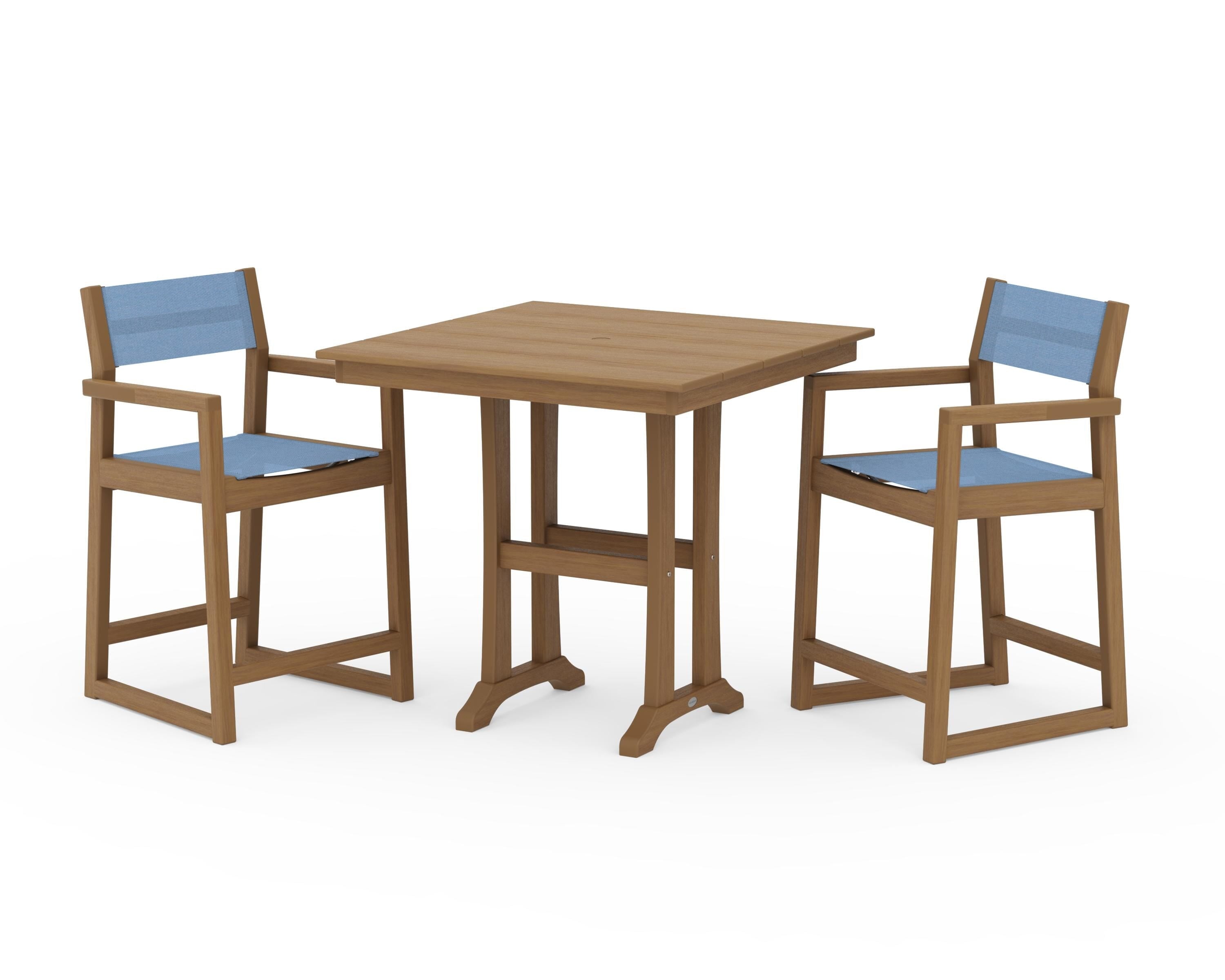 POLYWOOD EDGE Sling Arm Chair 3-Piece Farmhouse Counter Set with Trestle Legs in Natural / Poolside Sling