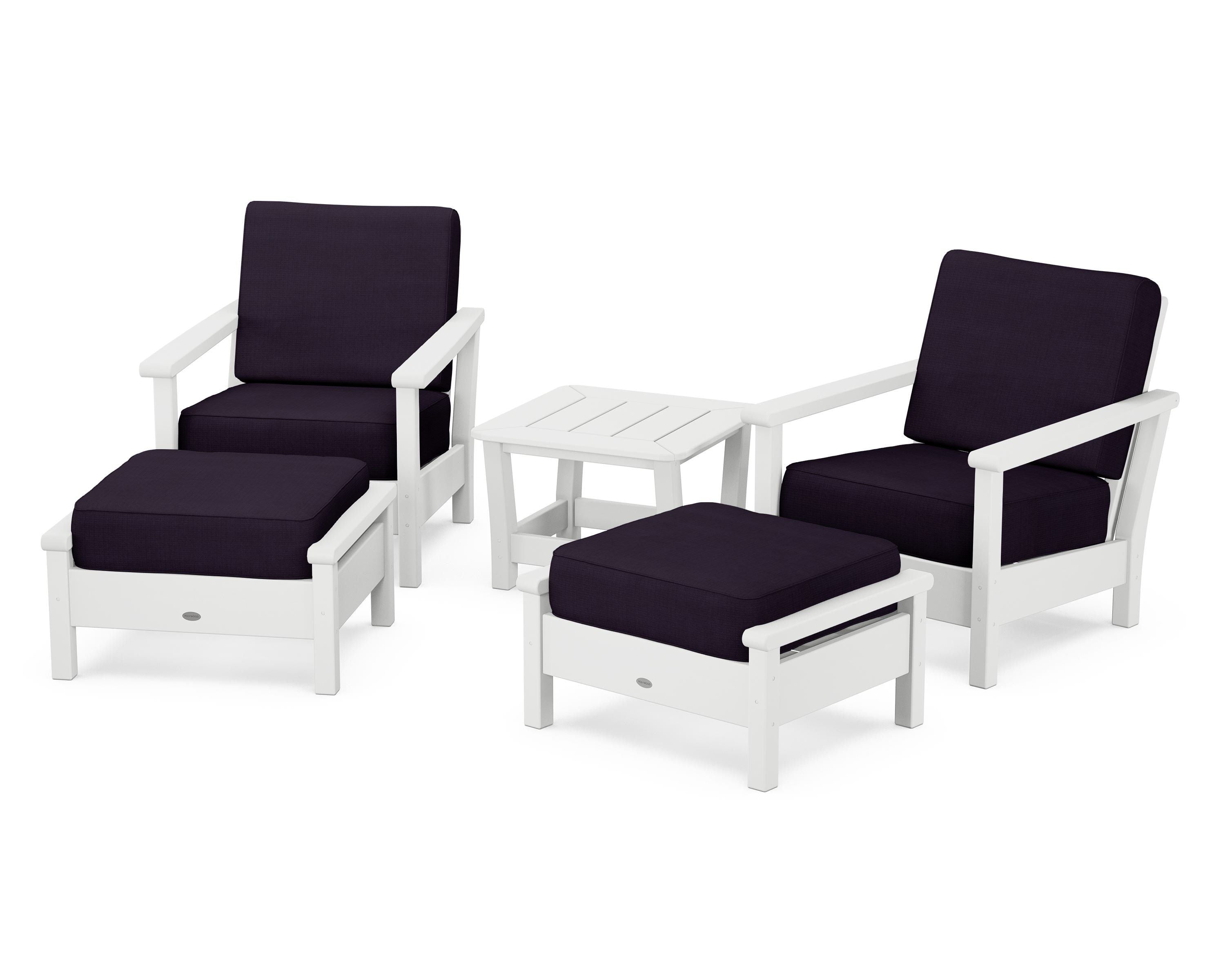 POLYWOOD Harbour 5-Piece Deep Seating Chair Set in White / Navy Linen
