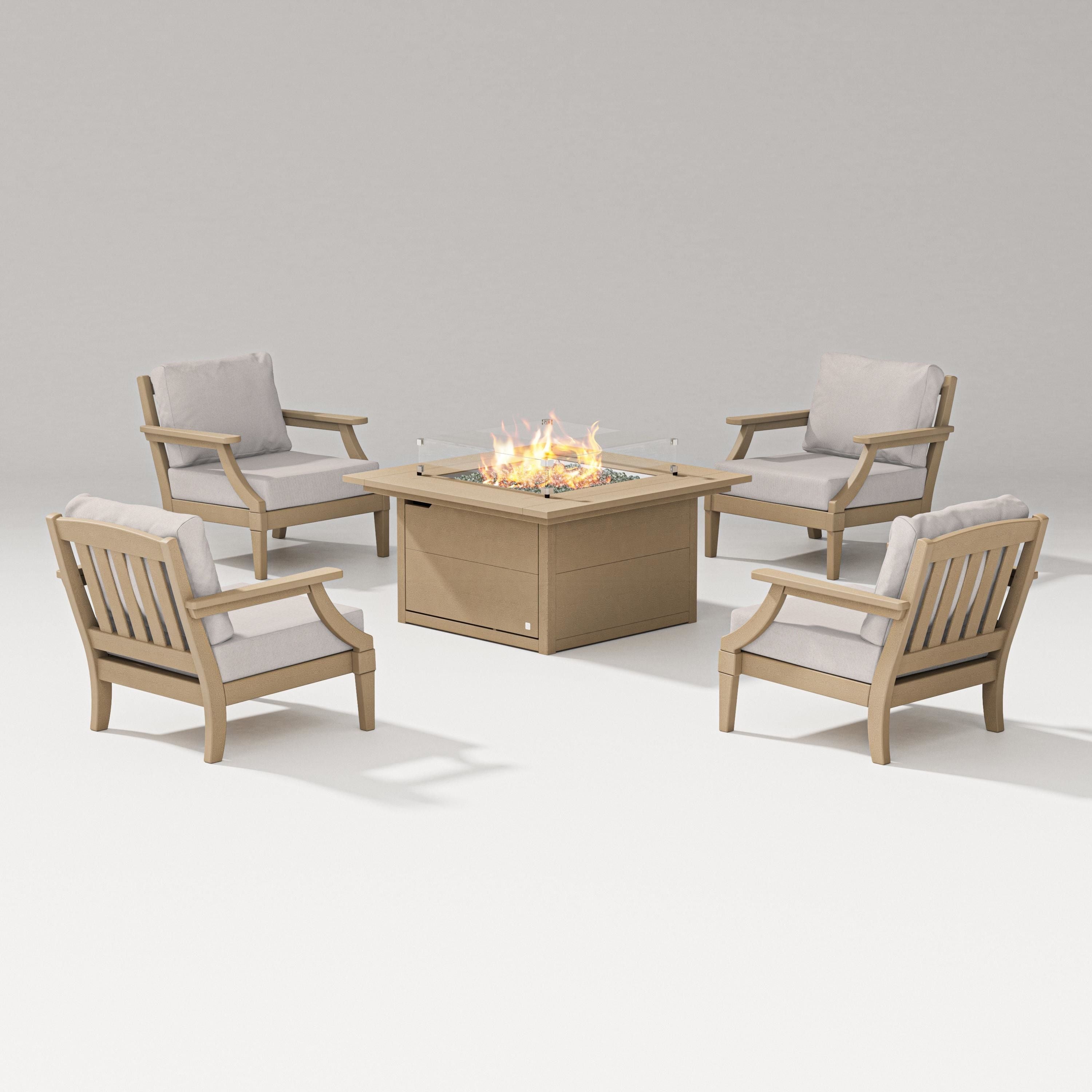 PW Designer Series Estate 5-Piece Lounge Fire Table Set in Vintage Sahara / Dune Burlap