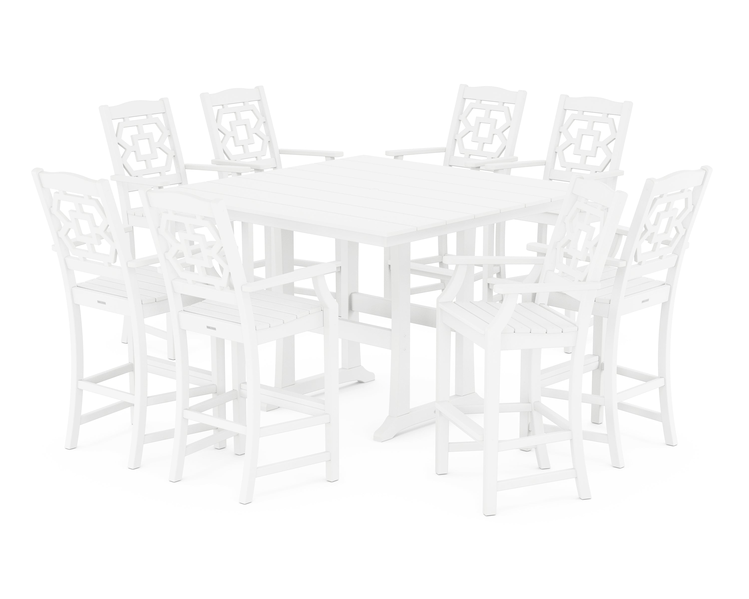 Martha Stewart by POLYWOOD® Chinoiserie 9-Piece Square Farmhouse Bar Set with Trestle Legs in White