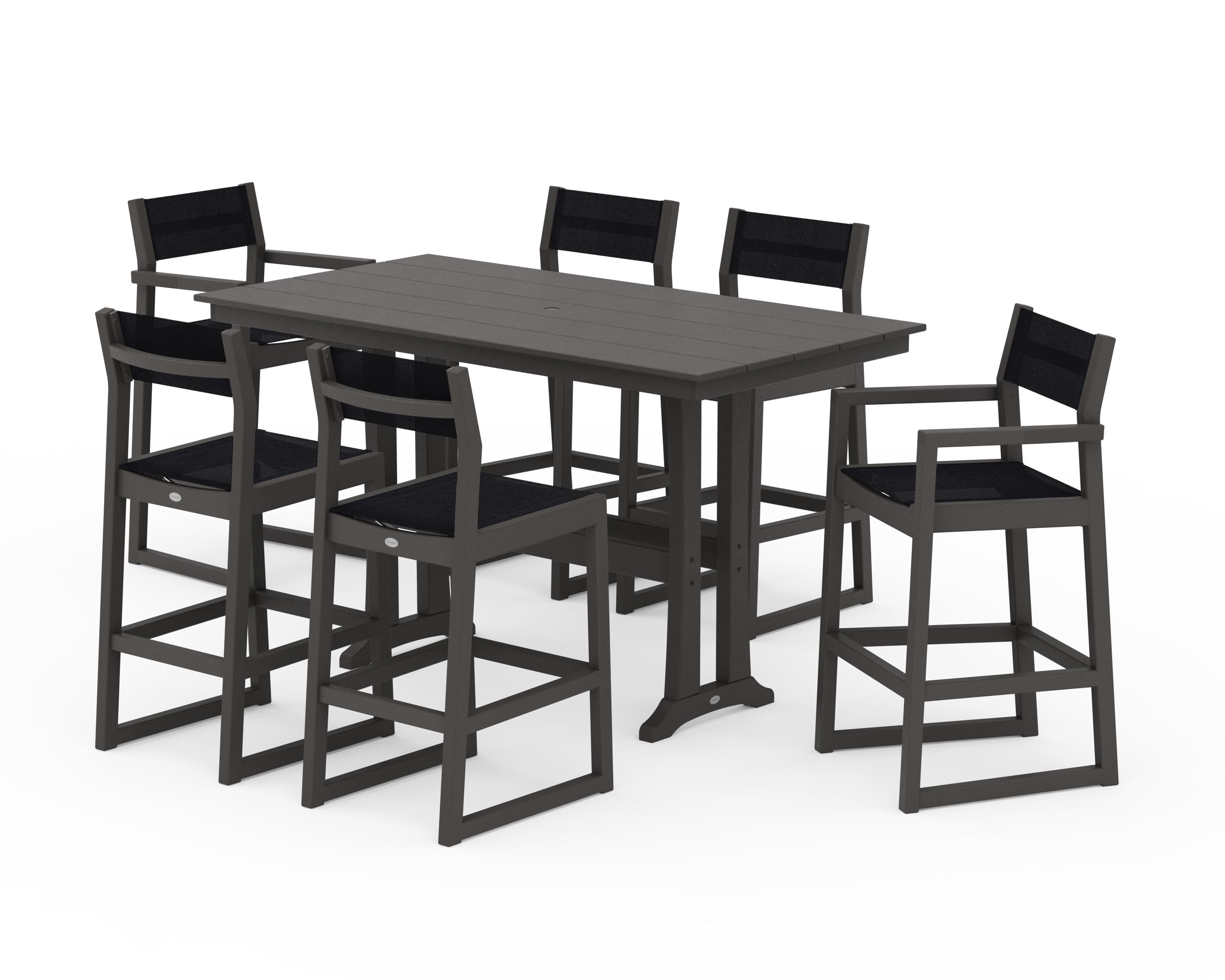 POLYWOOD EDGE Sling 7-Piece Farmhouse Bar Set with Trestle Legs in Vintage Coffee / Black Sling