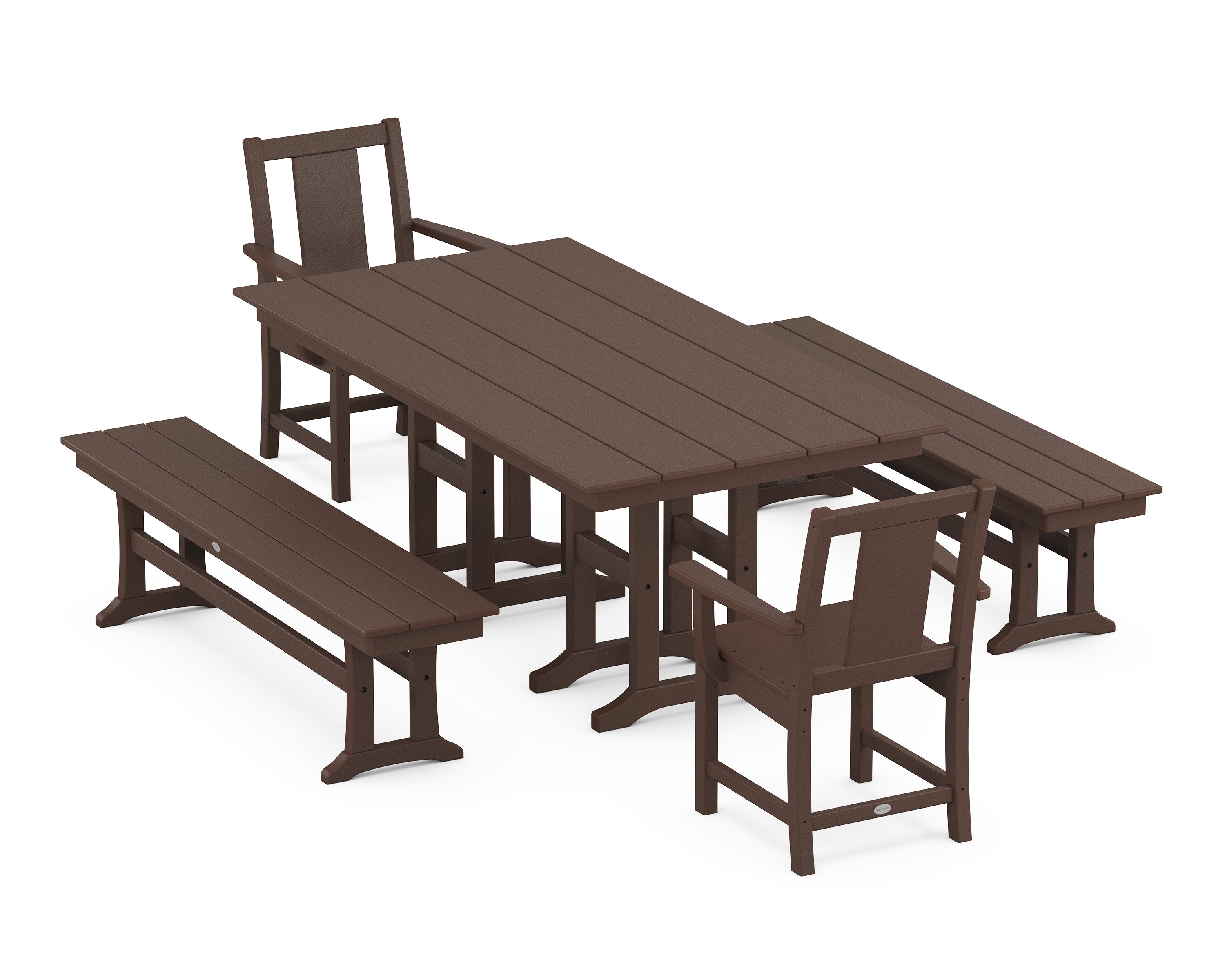 POLYWOOD Prairie 5-Piece Farmhouse Dining Set with Benches in Mahogany
