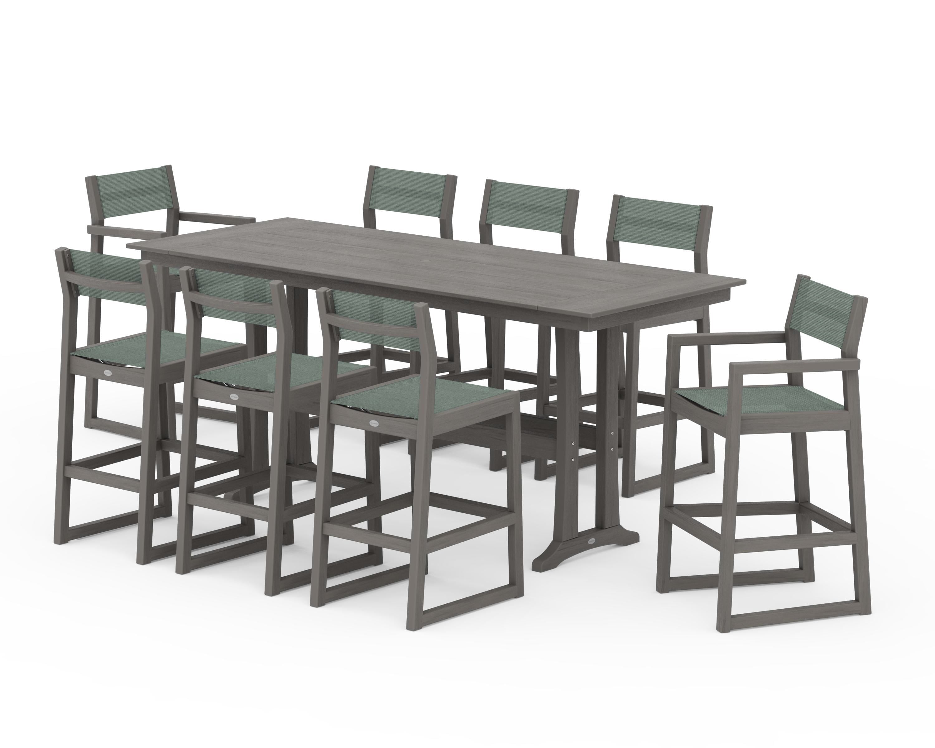 POLYWOOD EDGE Sling 9-Piece Farmhouse Bar Set with Trestle Legs in Driftwood / Dupioni Sea Mist Sling