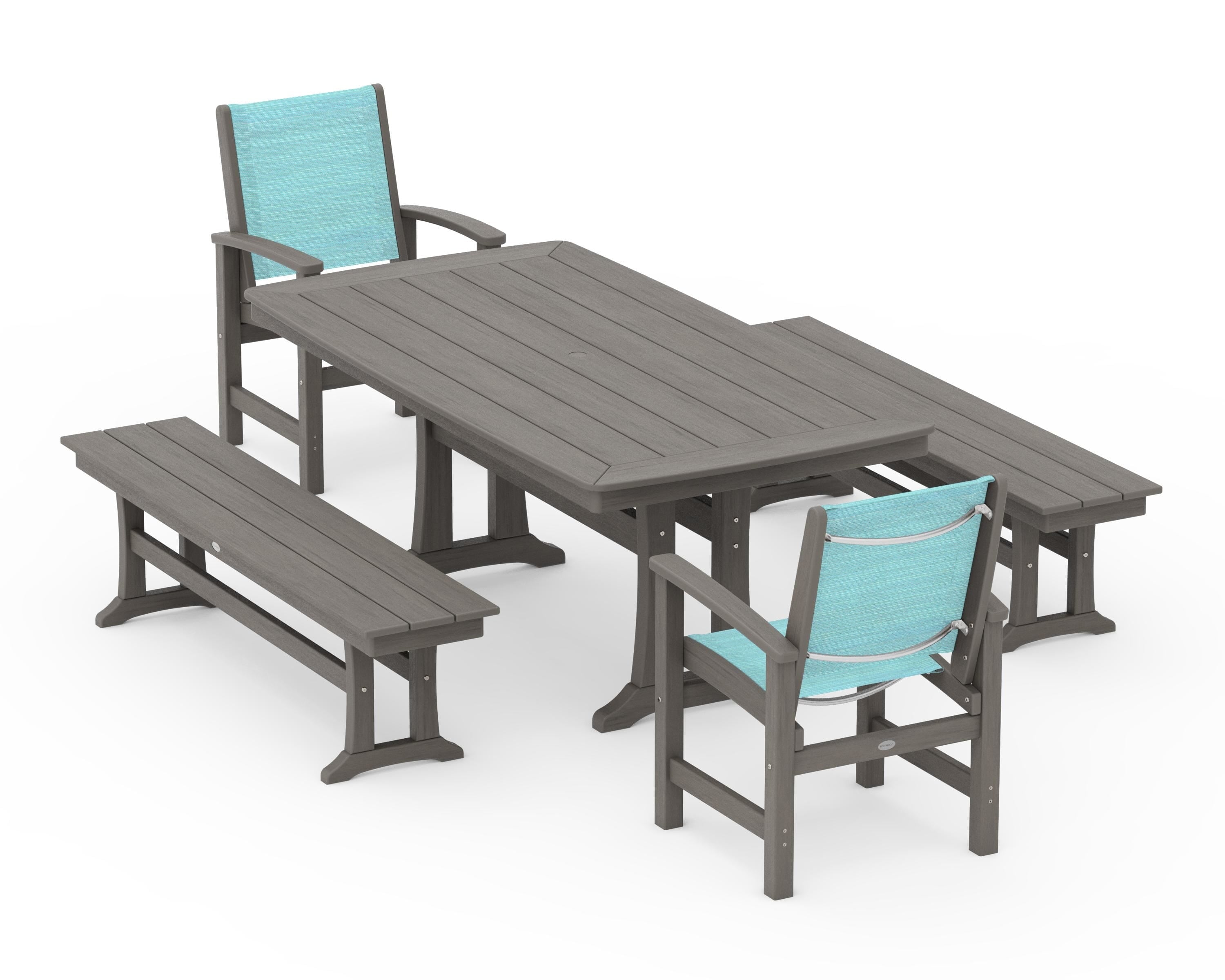 POLYWOOD Coastal 5-Piece Dining Set with Trestle Legs and Benches in Driftwood / Dupioni Aquamarine Sling