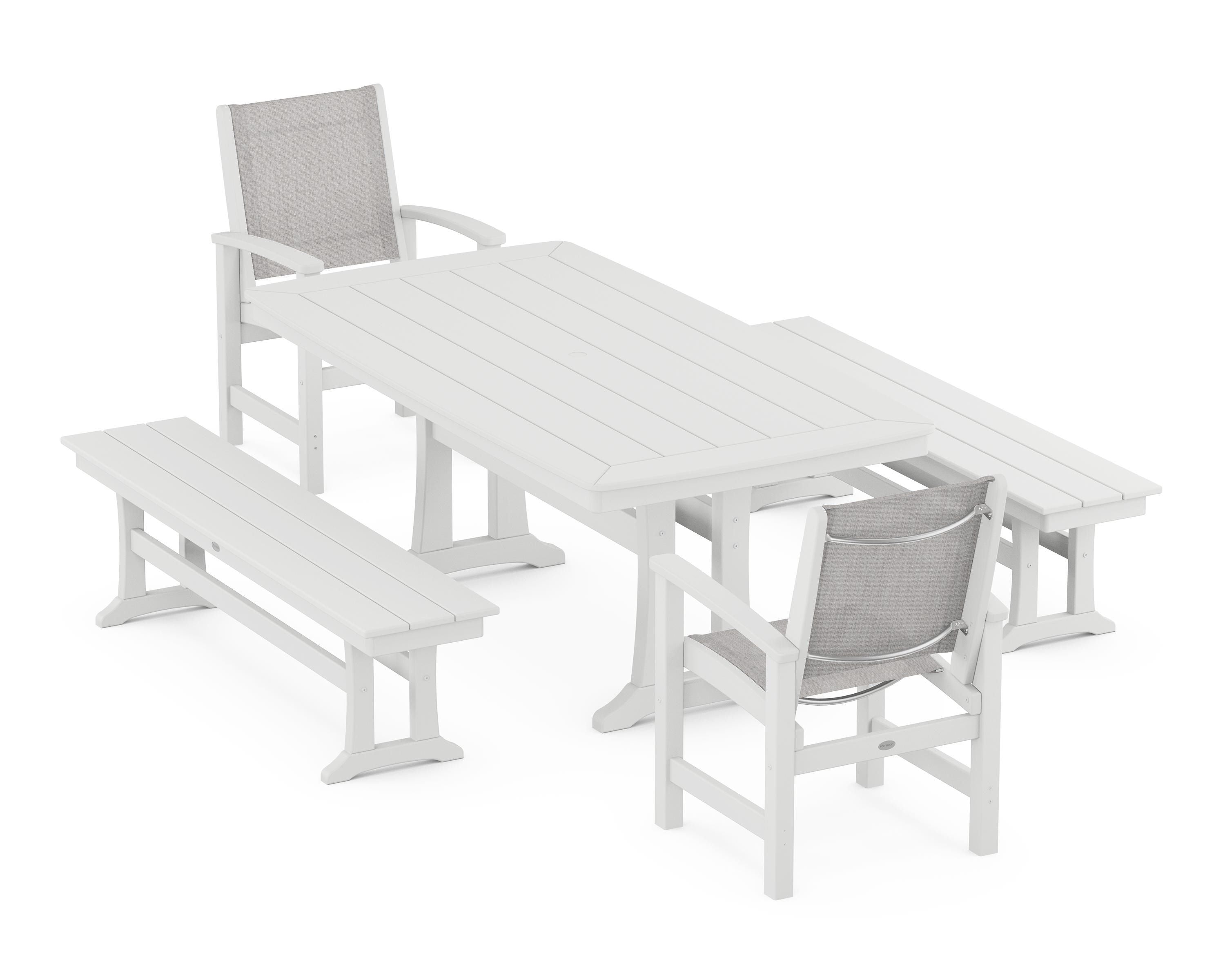 POLYWOOD Coastal 5-Piece Dining Set with Trestle Legs and Benches in White / Parchment Sling