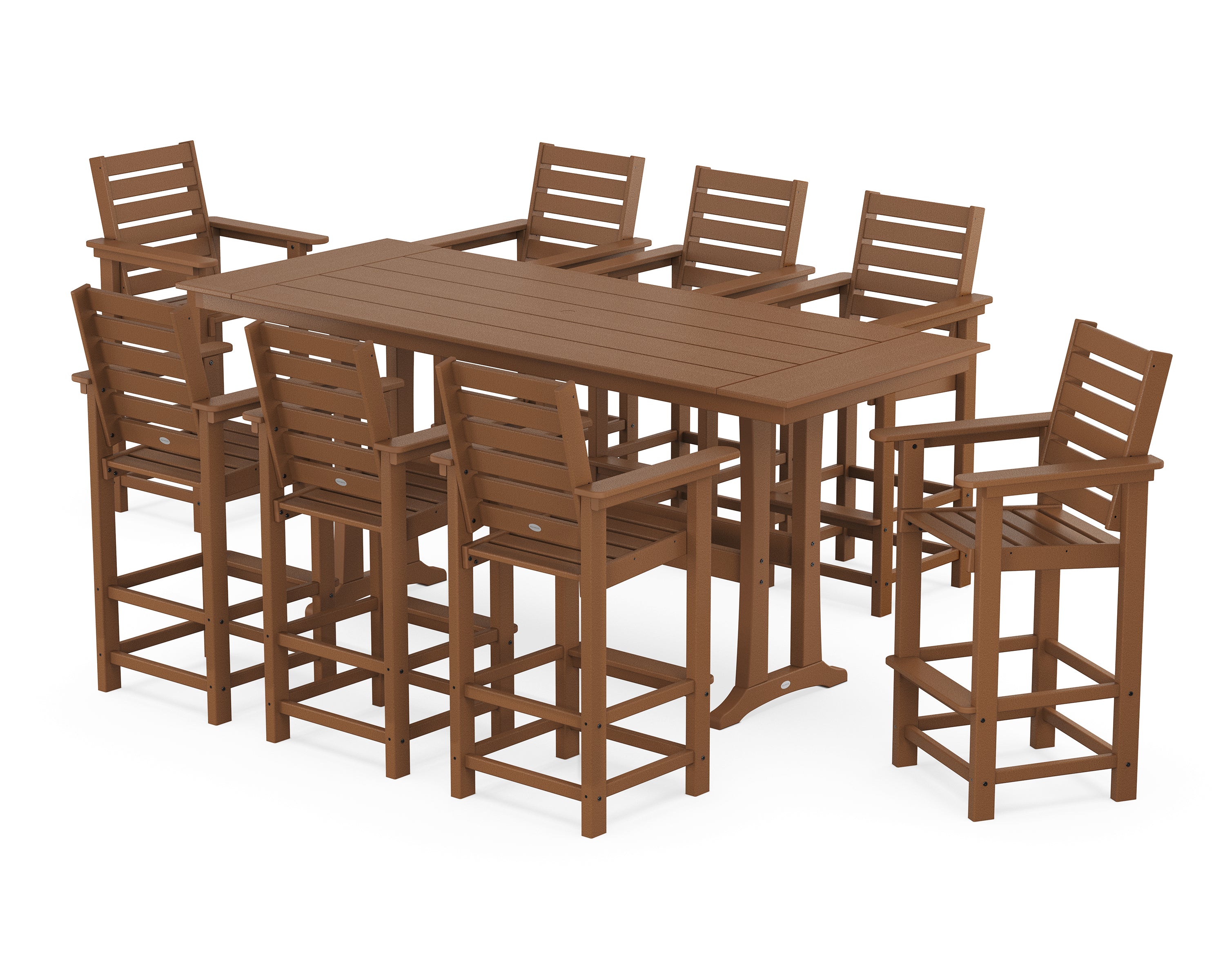 POLYWOOD Captain 9-Piece Farmhouse Bar Set with Trestle Legs in Teak