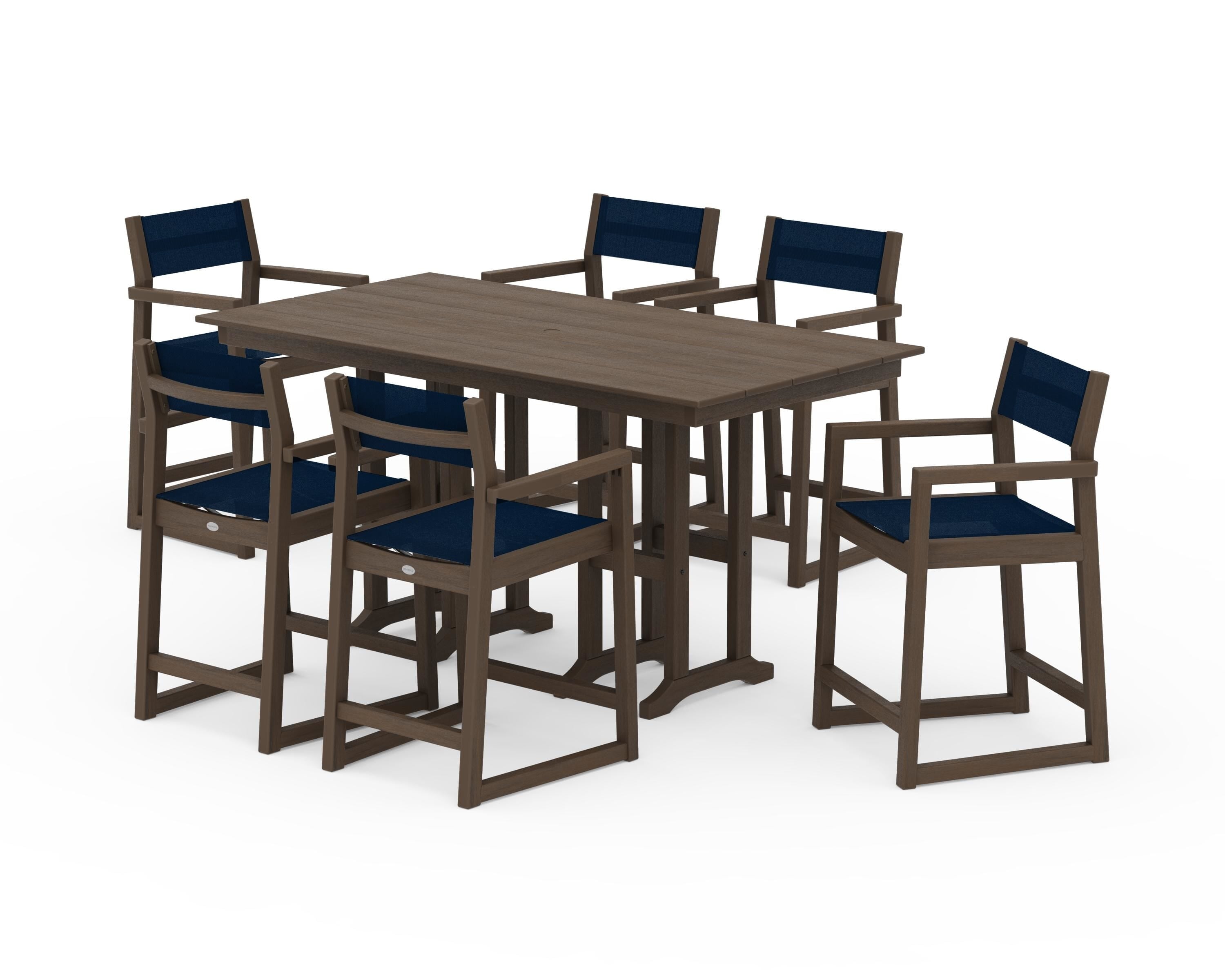 POLYWOOD EDGE Sling Arm Chair 7-Piece Farmhouse Counter Set in Kona / Navy Blue Sling