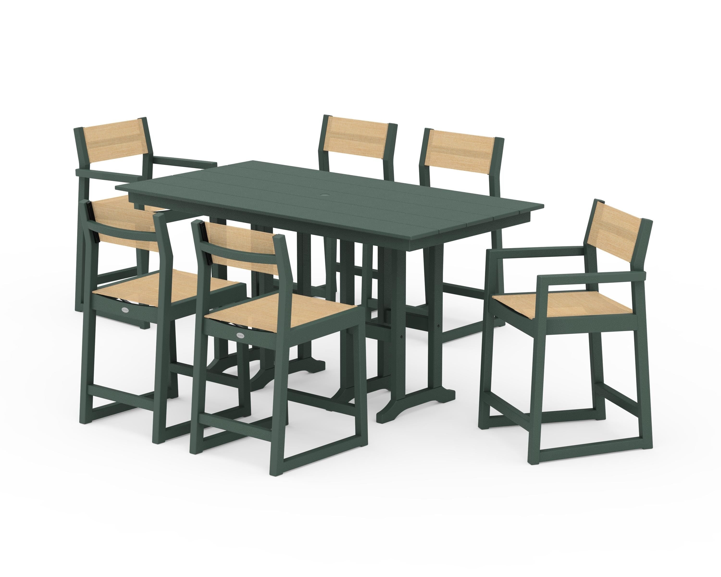 POLYWOOD EDGE Sling 7-Piece Farmhouse Counter Set in Green / Dupioni Apricot Sling
