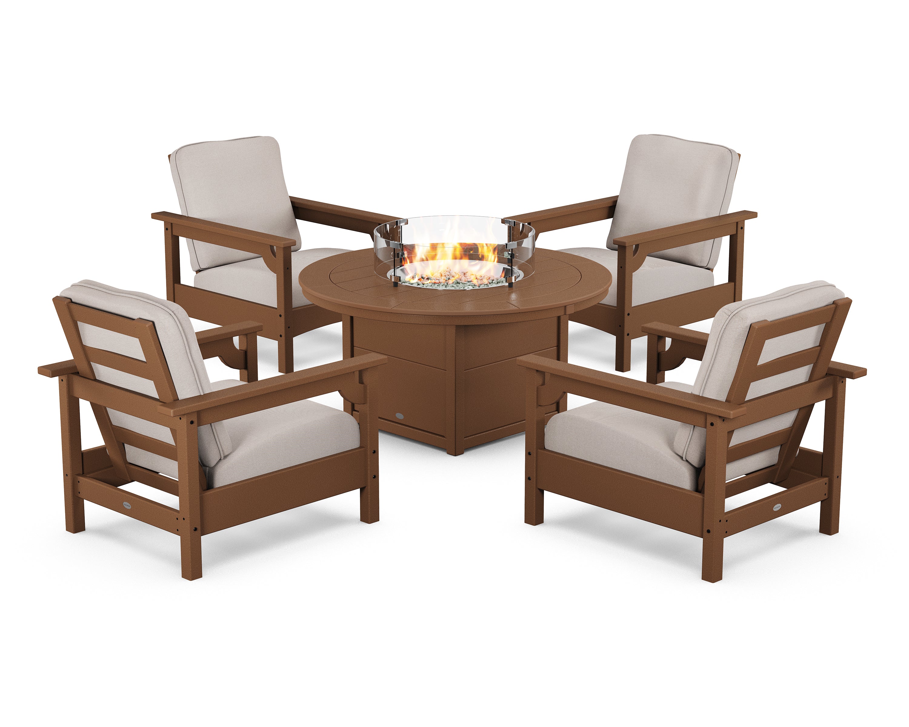 POLYWOOD Club 5-Piece Conversation Set with Fire Pit Table in Teak / Dune Burlap