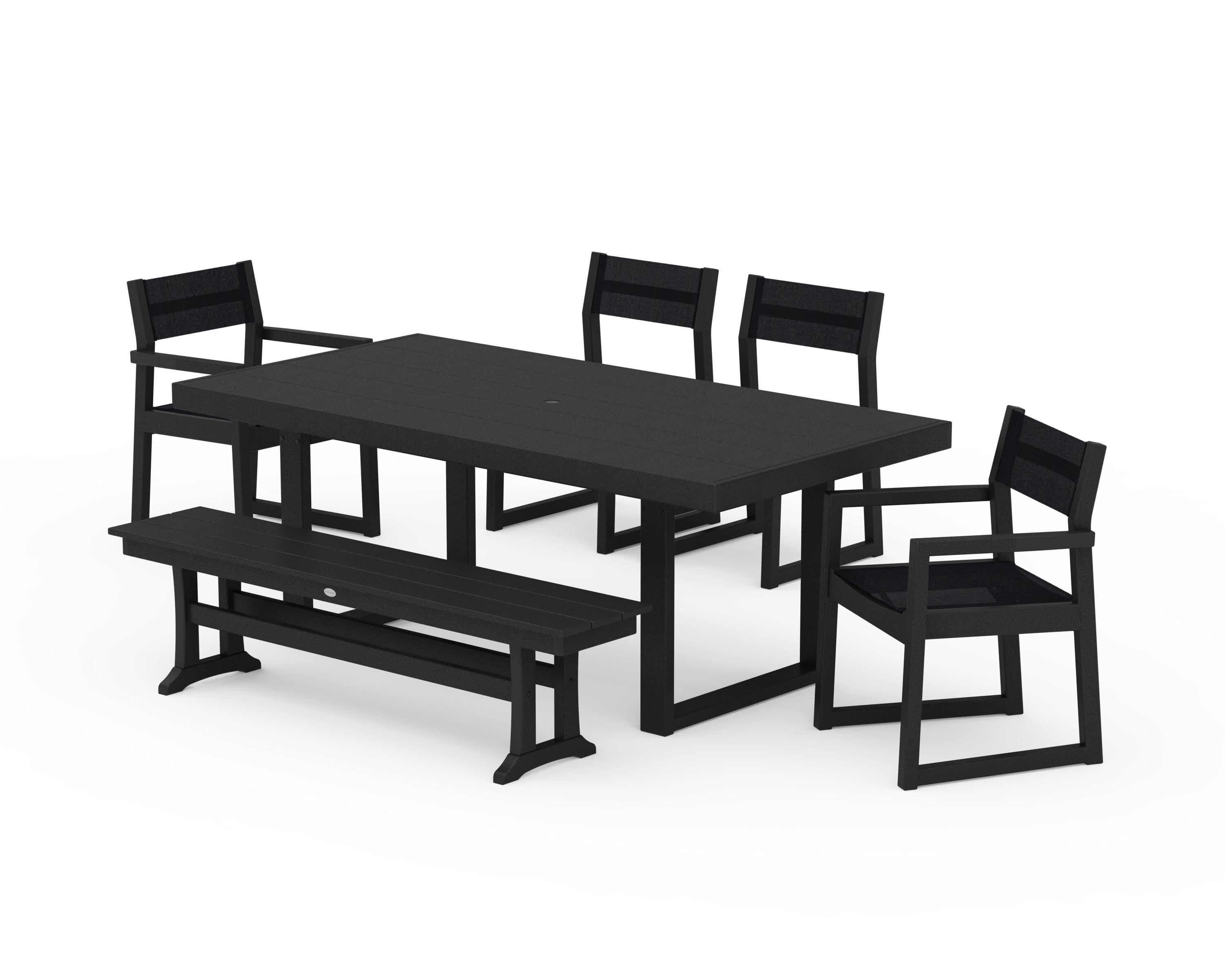 POLYWOOD EDGE Sling 6-Piece Dining Set with Bench in Black / Black Sling
