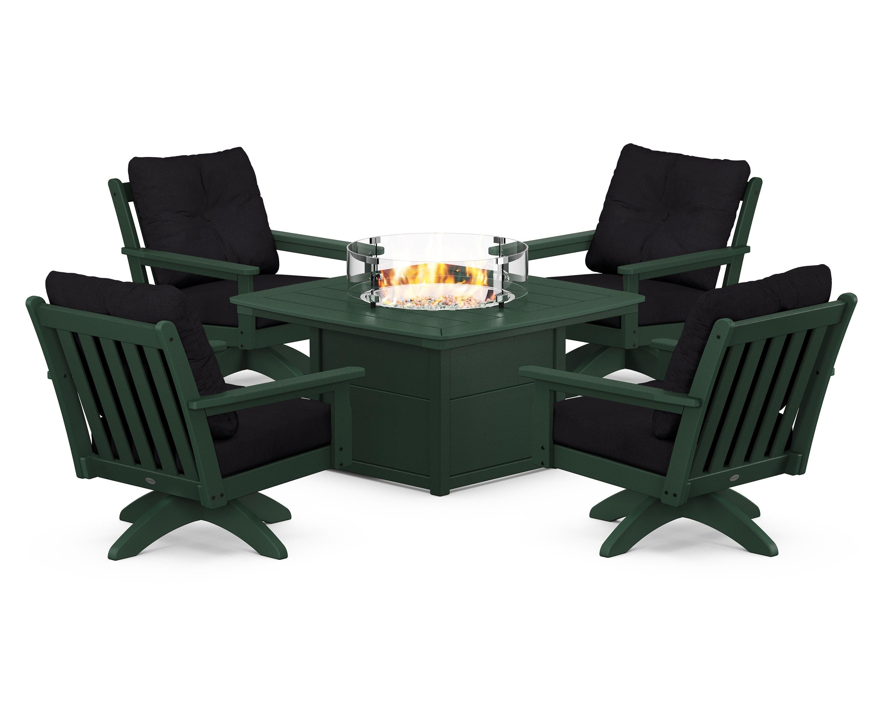 POLYWOOD Vineyard 5-Piece Deep Seating Swivel Conversation Set with Fire Pit Table in Green / Midnight Linen