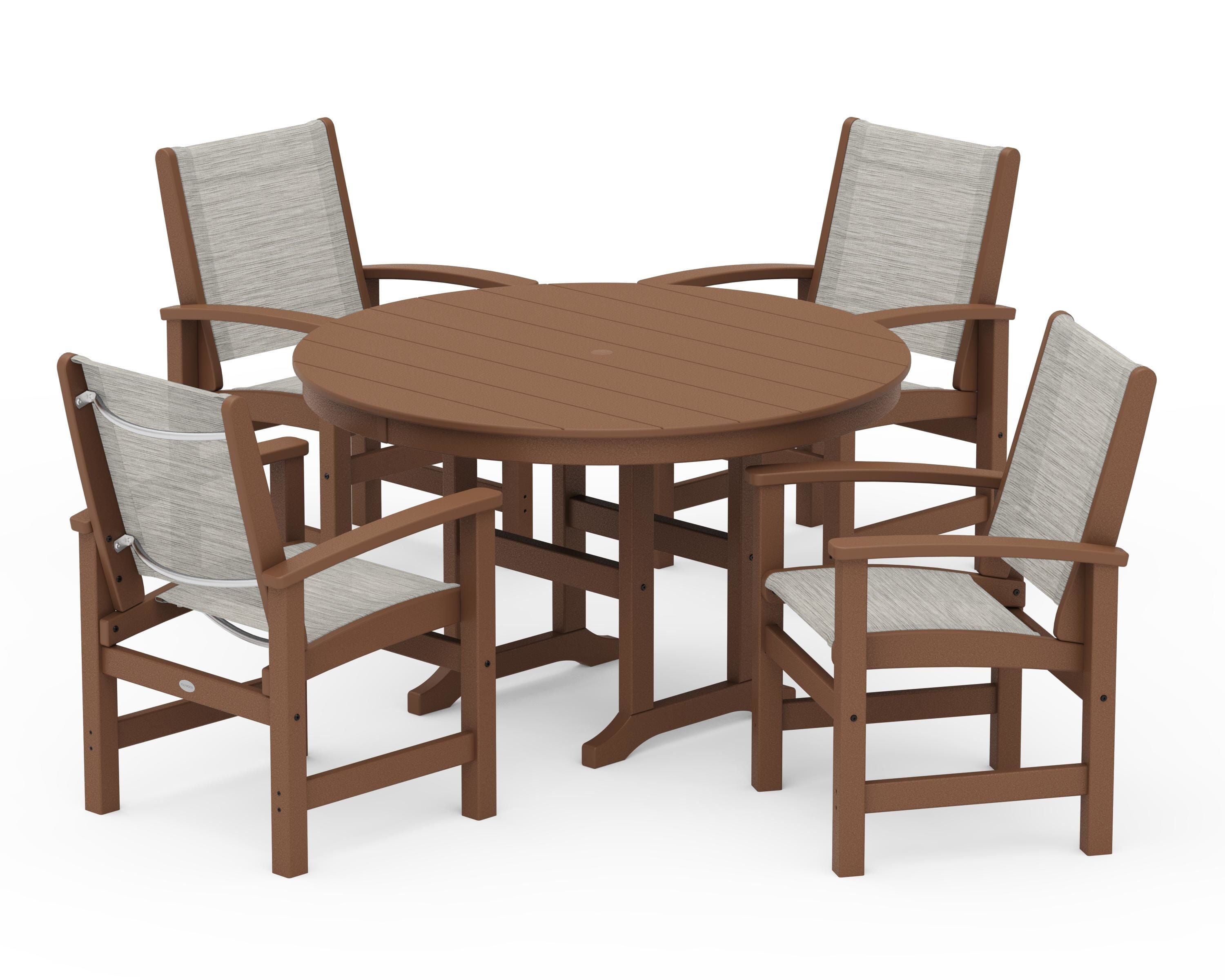 POLYWOOD Coastal 5-Piece Round Farmhouse Dining Set in Teak / Birch Sling