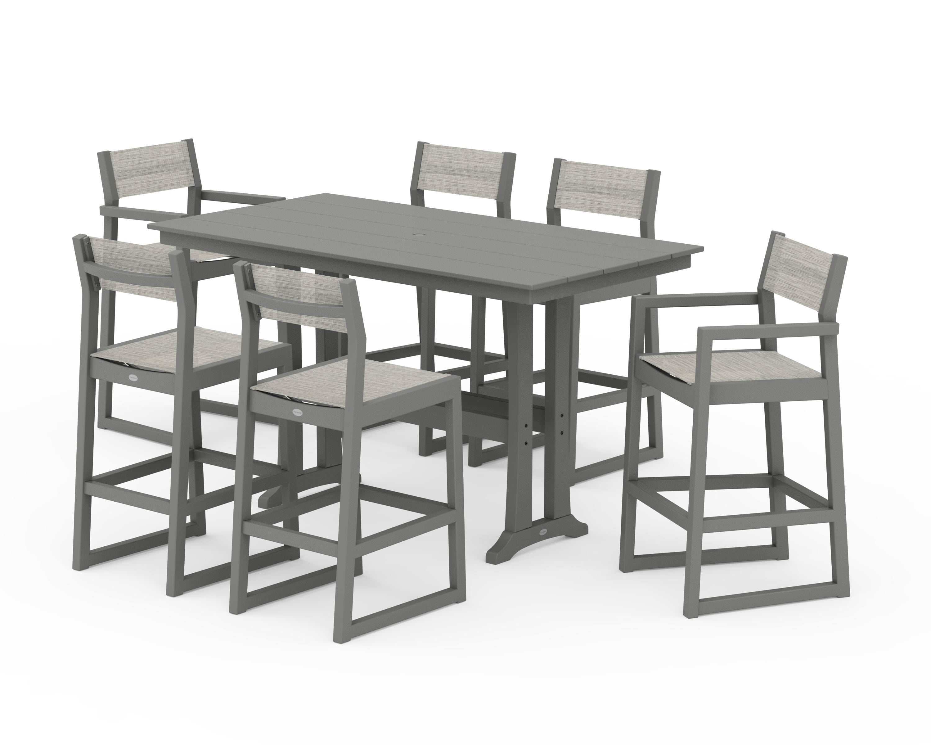 POLYWOOD EDGE Sling 7-Piece Farmhouse Bar Set with Trestle Legs in Slate Grey / Birch Sling