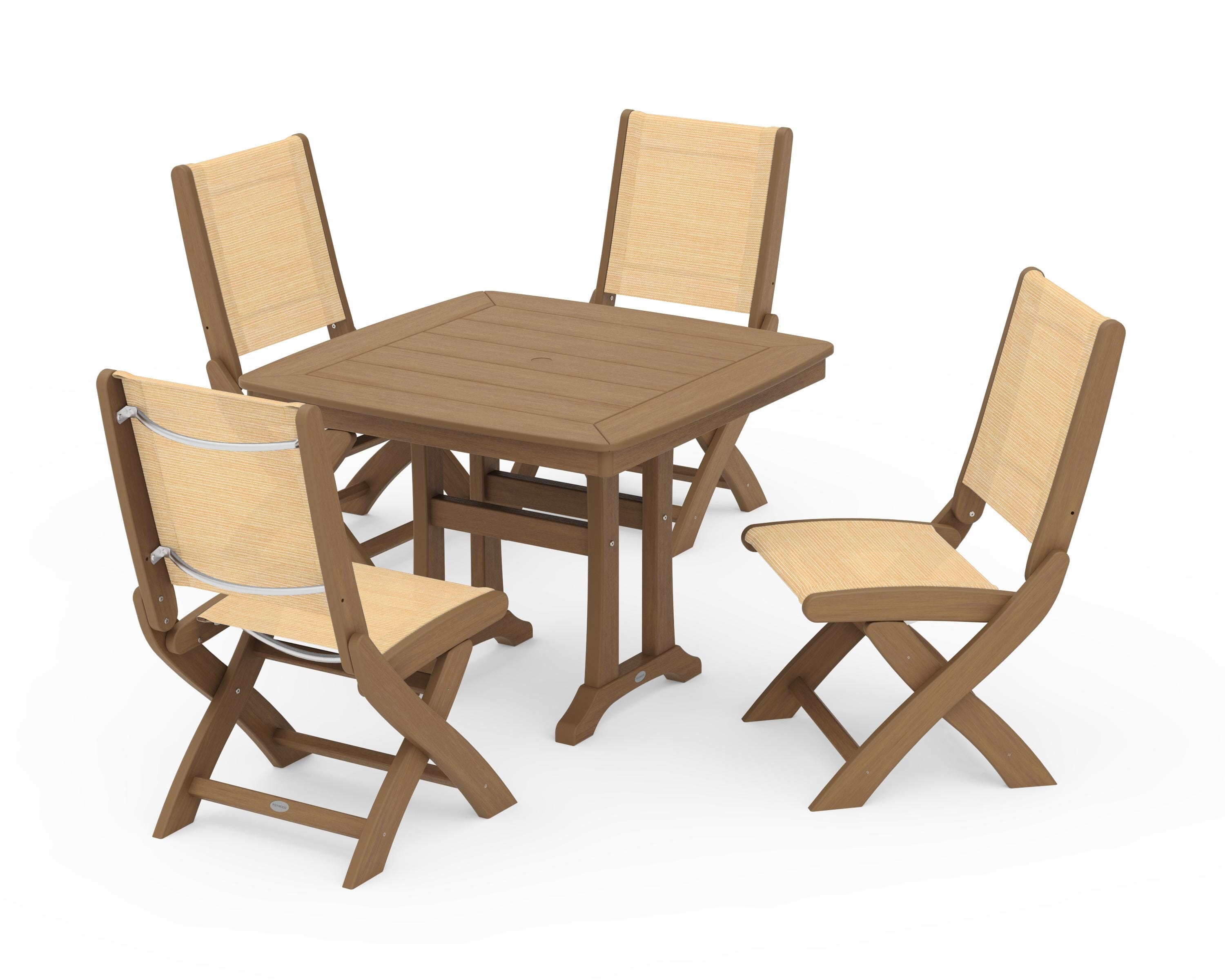 POLYWOOD Coastal Folding Side Chair 5-Piece Dining Set with Trestle Legs in Natural / Dupioni Apricot Sling