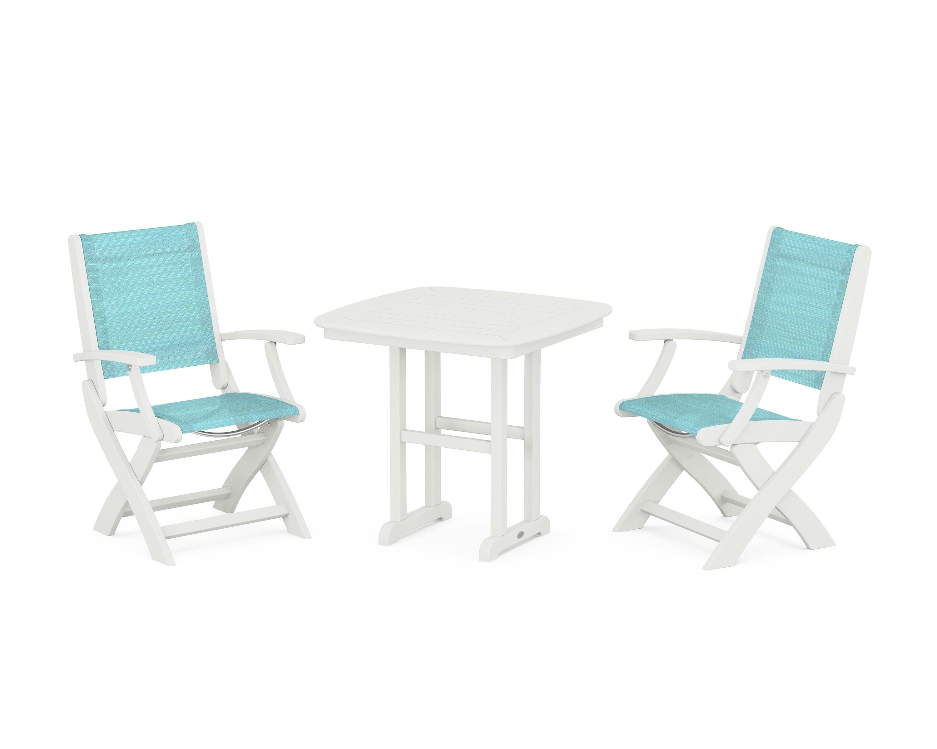 POLYWOOD Coastal Folding Chair 3-Piece Dining Set in Vintage White / Dupioni Aquamarine Sling