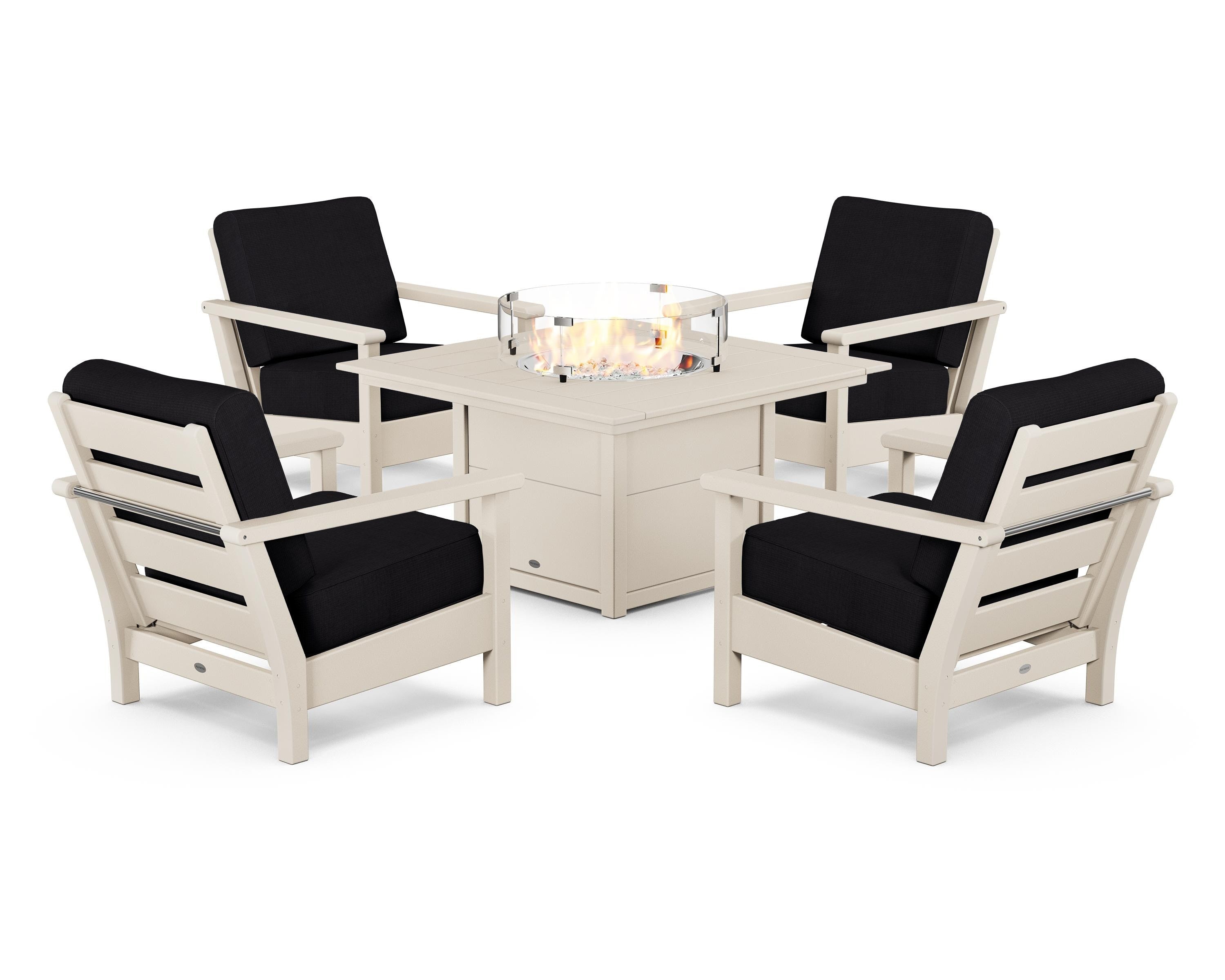 POLYWOOD Harbour 5-Piece Conversation Set with Fire Pit Table in Sand / Midnight Linen