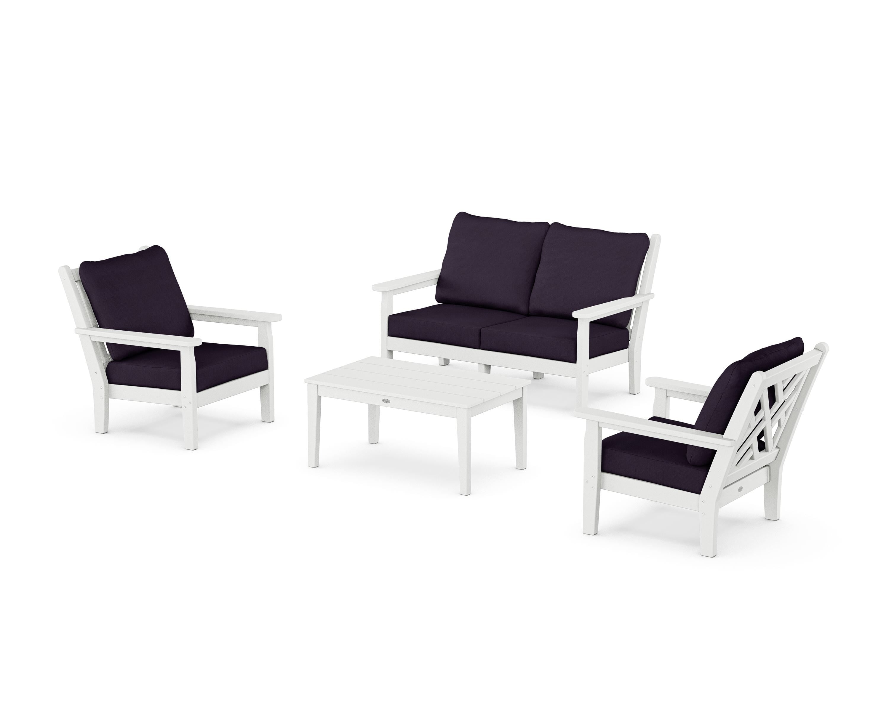 POLYWOOD Chippendale 4-Piece Deep Seating Set with Loveseat in White / Navy Linen