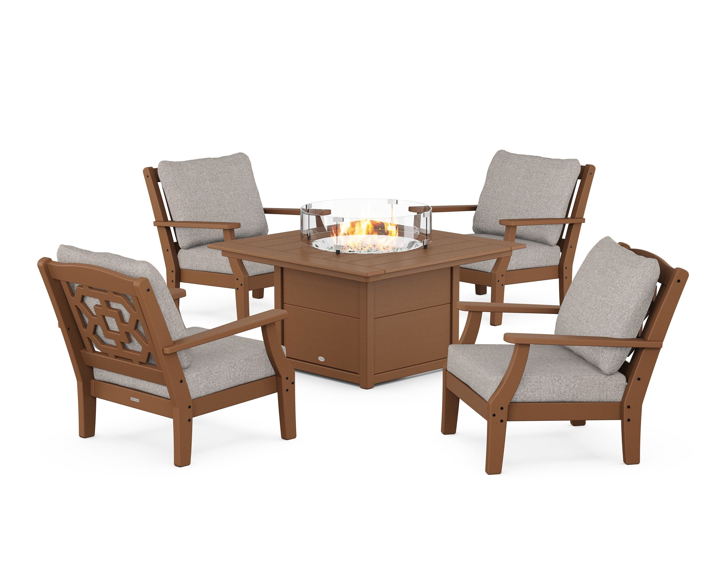 Martha Stewart by POLYWOOD Chinoiserie 5-Piece Deep Seating Set with Fire Pit Table in Teak / Weathered Tweed