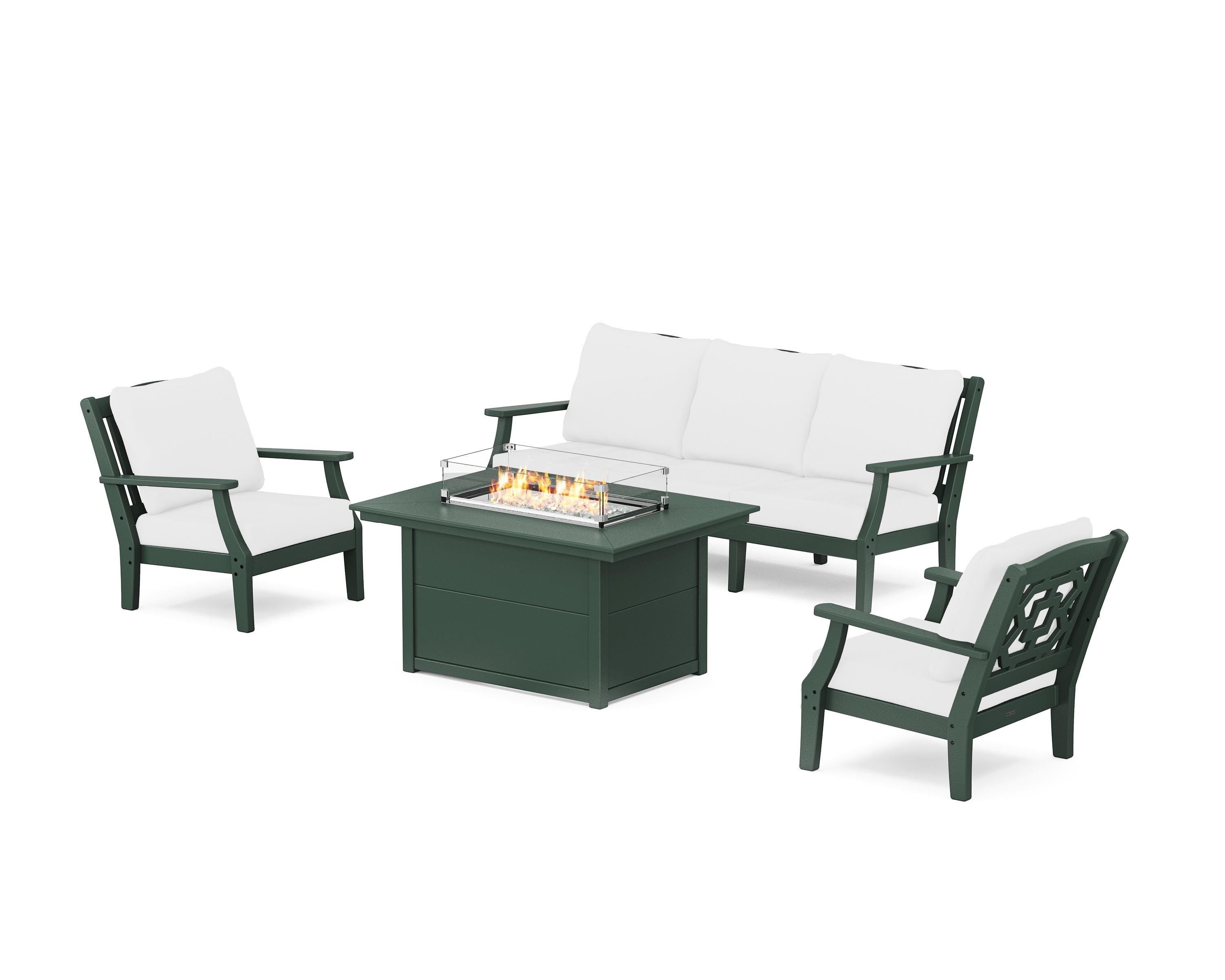 Martha Stewart by POLYWOOD Chinoiserie Deep Seating Fire Pit Table Set in Green / Natural