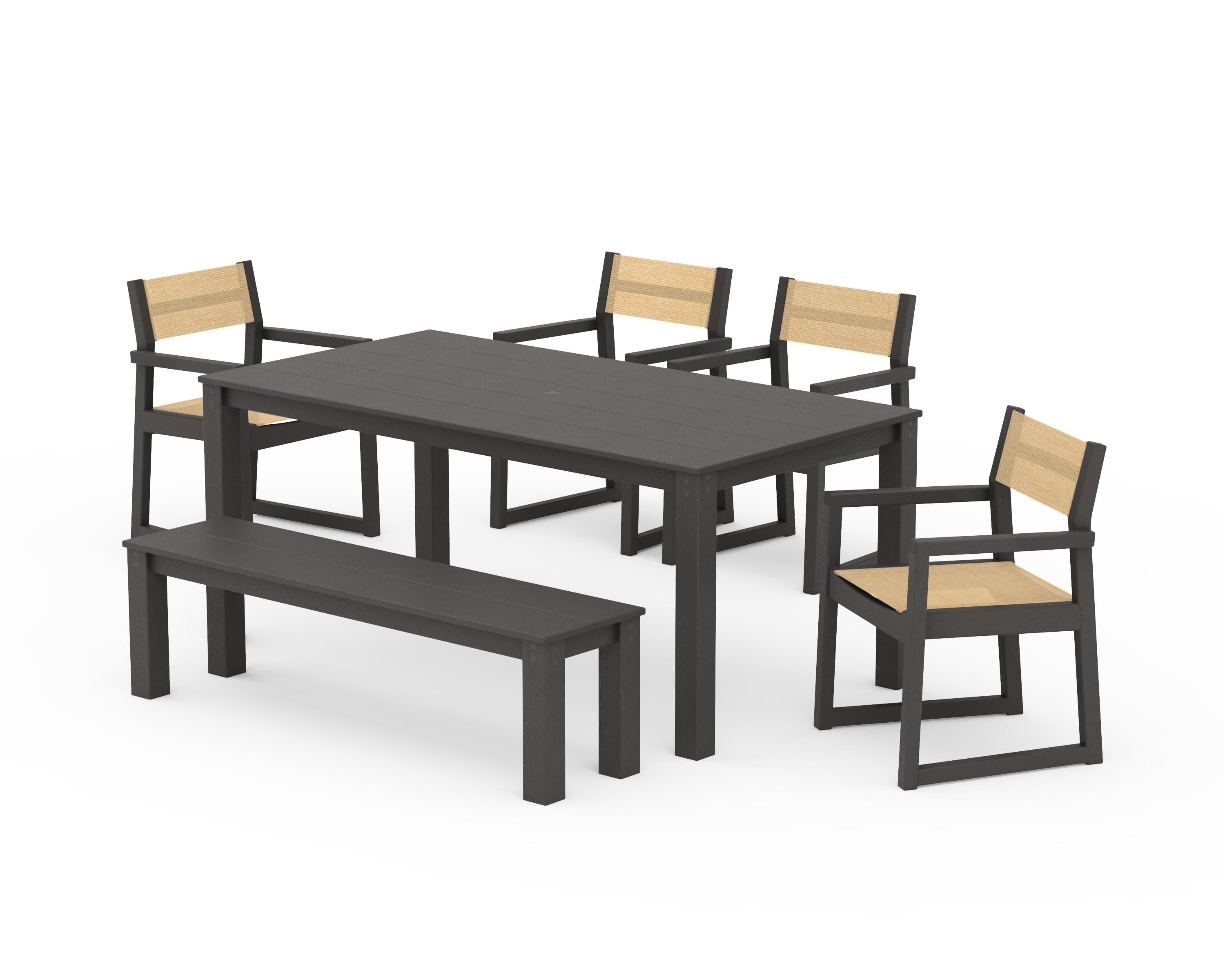 POLYWOOD EDGE Sling Arm Chair 6-Piece Parsons Dining Set with Bench in Vintage Coffee / Dupioni Apricot Sling