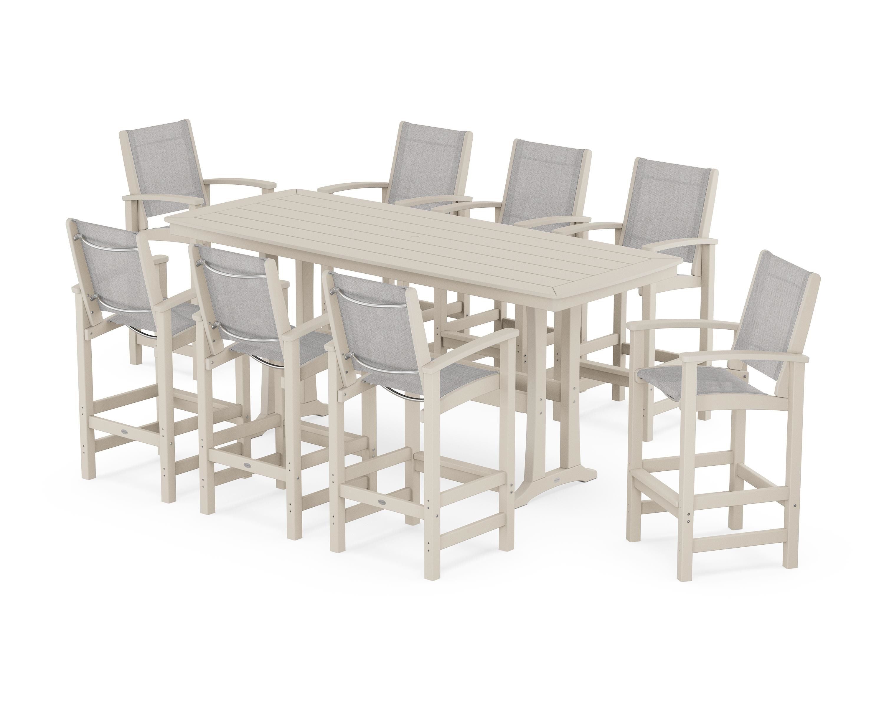 POLYWOOD Coastal 9-Piece Bar Set with Trestle Legs in Sand / Parchment Sling