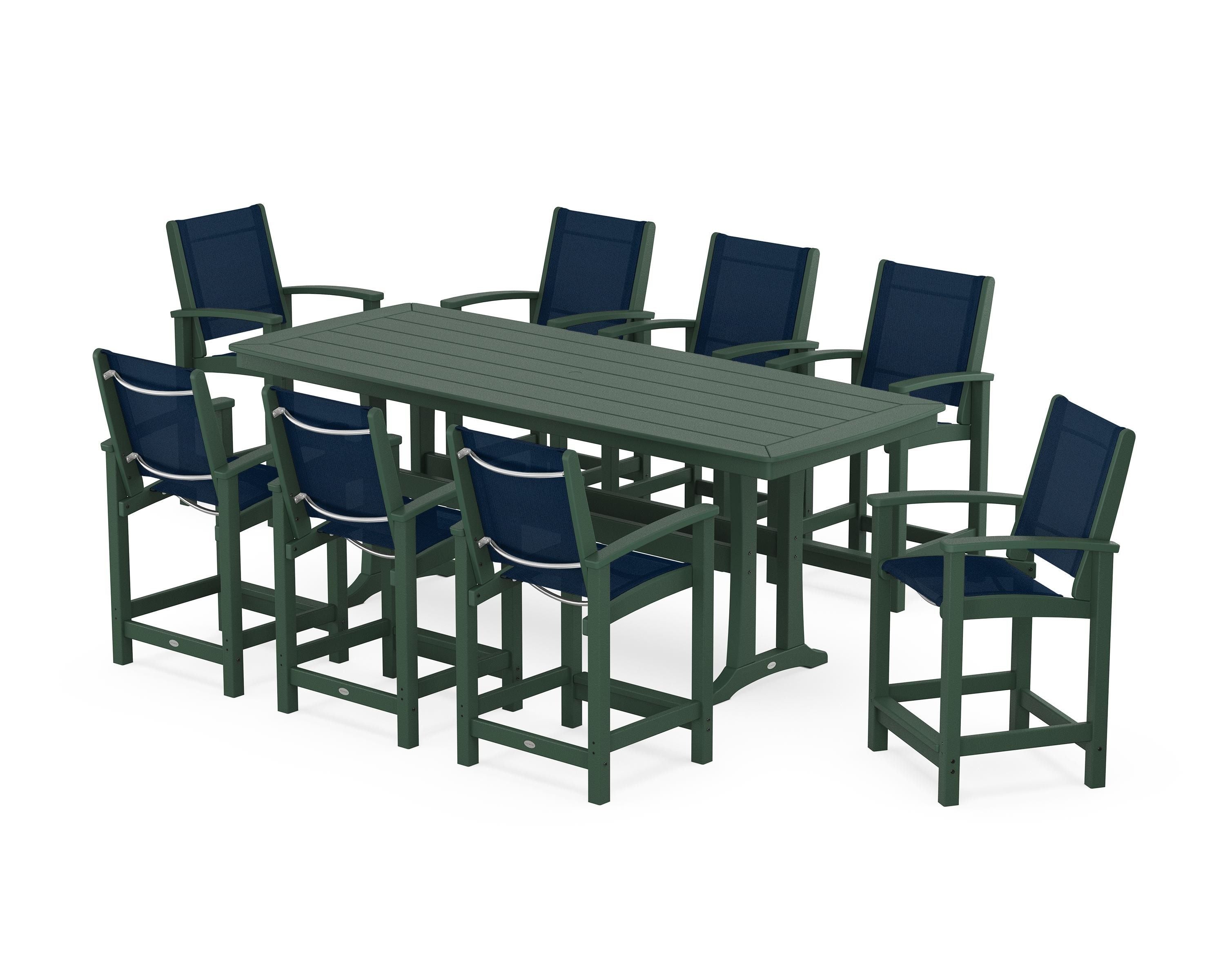 POLYWOOD Coastal 9-Piece Counter Set with Trestle Legs in Green / Navy Blue Sling