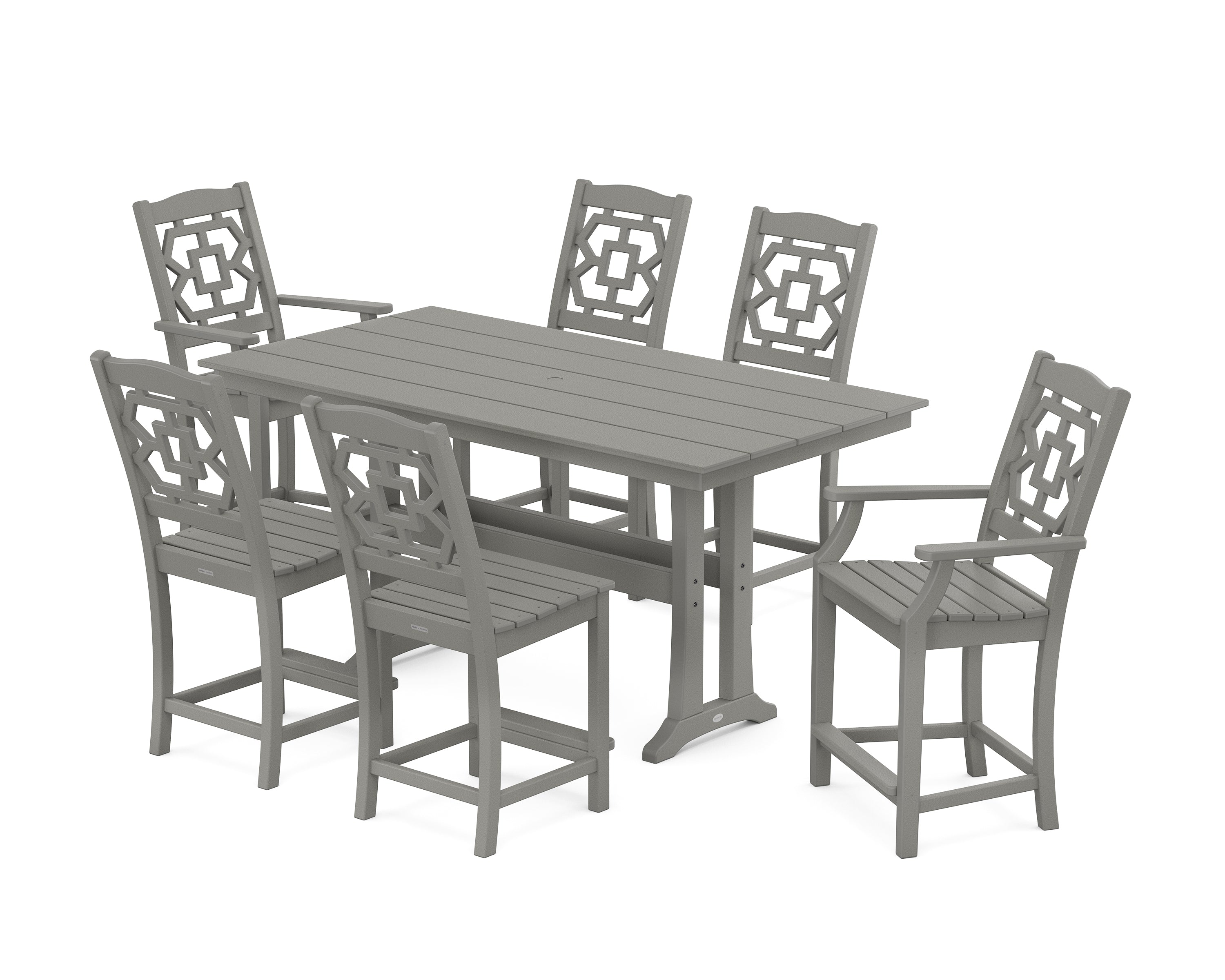 Martha Stewart by POLYWOOD Chinoiserie 7-Piece Farmhouse Counter Set with Trestle Legs in Slate Grey