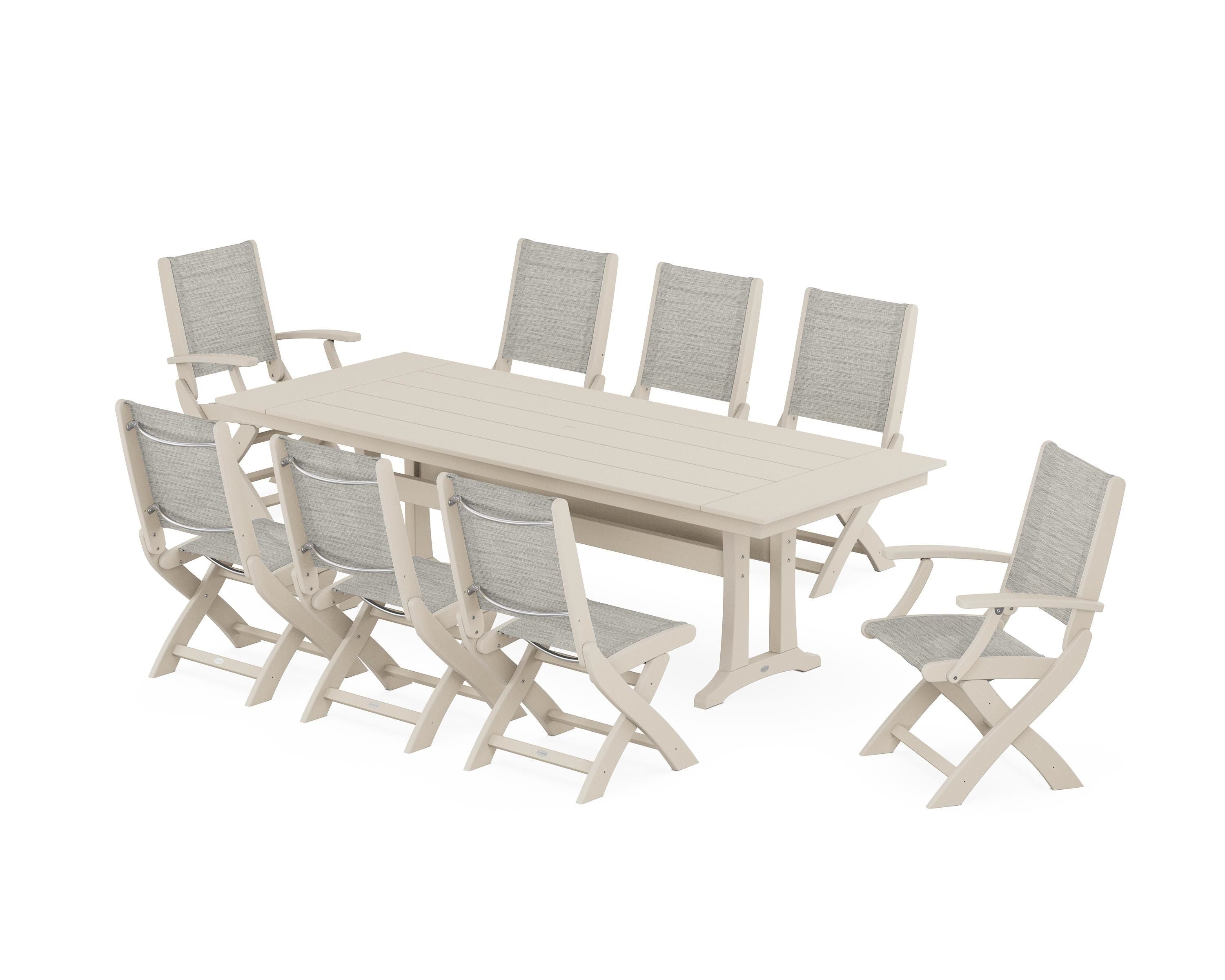 POLYWOOD Coastal 9-Piece Folding Dining Chair Farmhouse Dining Set with Trestle Legs in Sand / Birch Sling