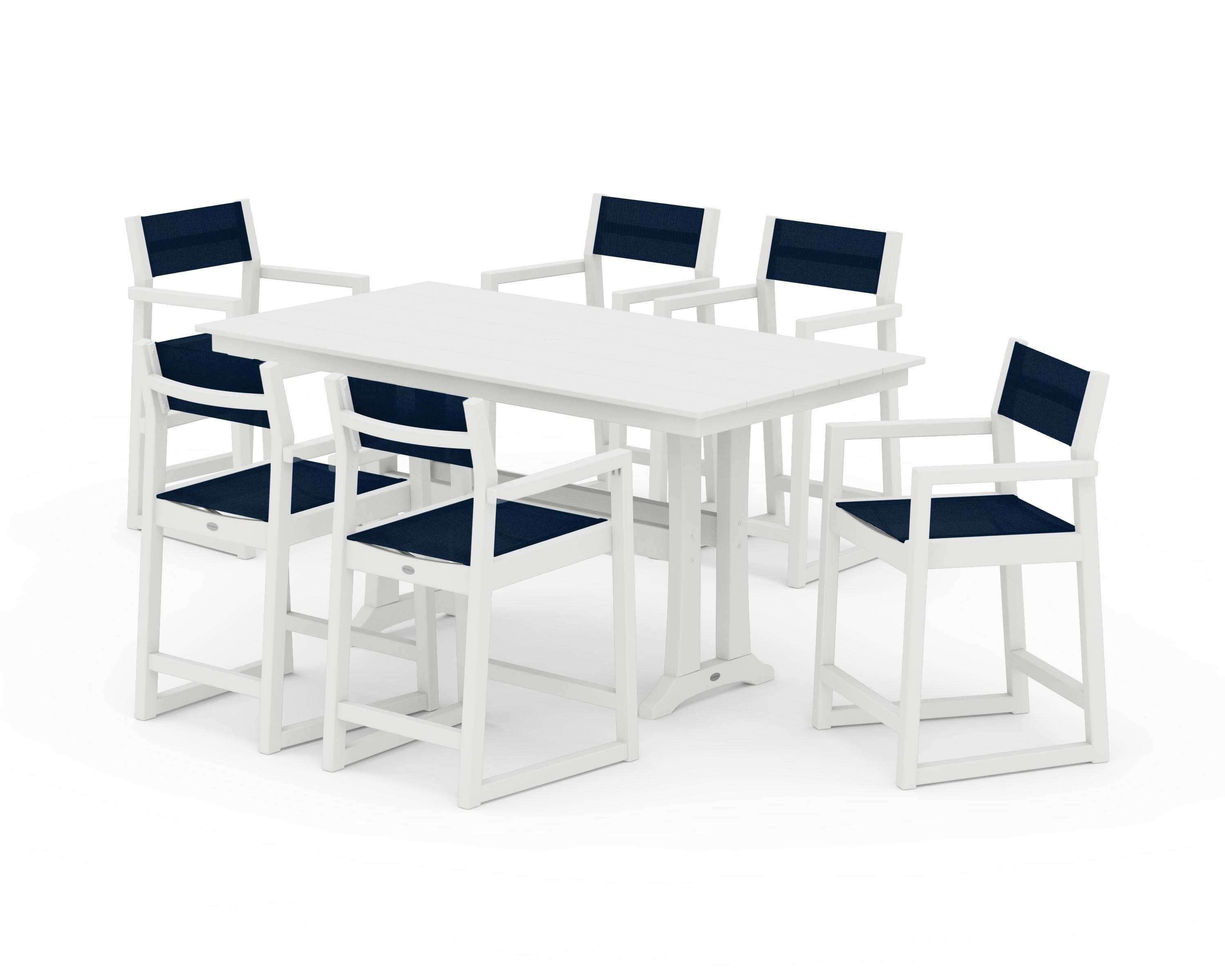POLYWOOD EDGE Sling Arm Chair 7-Piece Farmhouse Counter Set with Trestle Legs in White / Navy Blue Sling