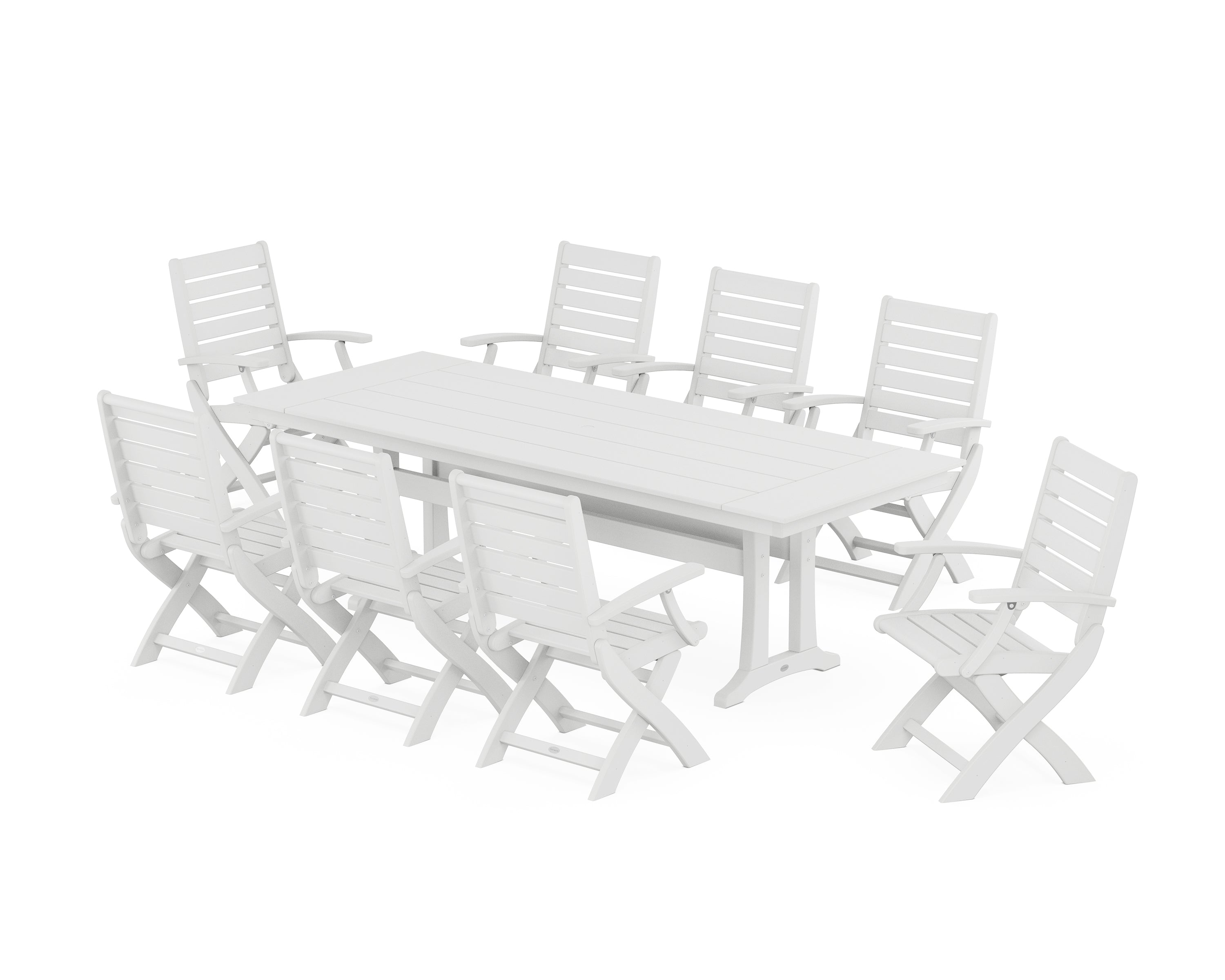 POLYWOOD® Signature Folding 9-Piece Farmhouse Trestle Dining Set with Trestle Legs in White