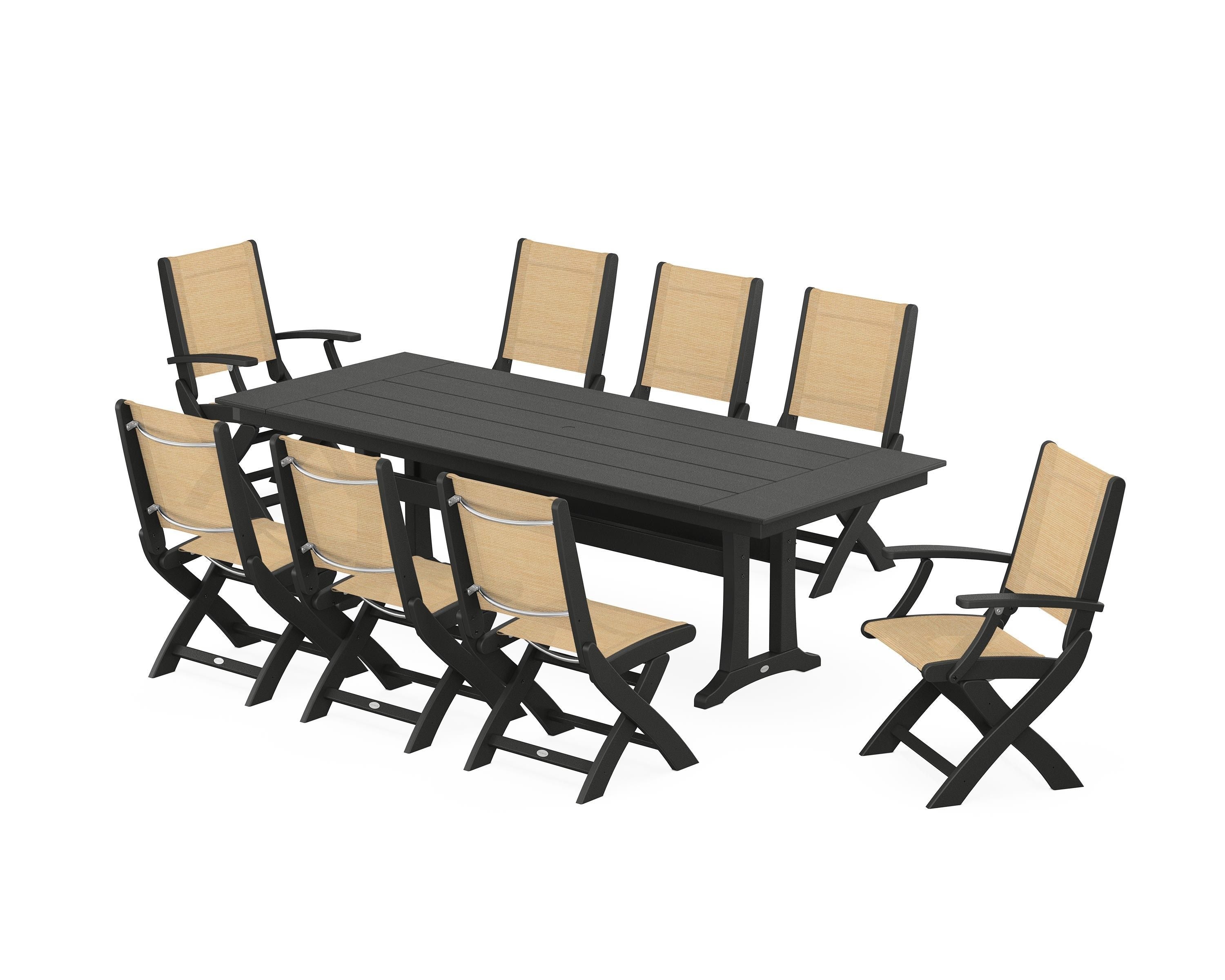 POLYWOOD Coastal 9-Piece Folding Dining Chair Farmhouse Dining Set with Trestle Legs in Black / Dupioni Apricot Sling