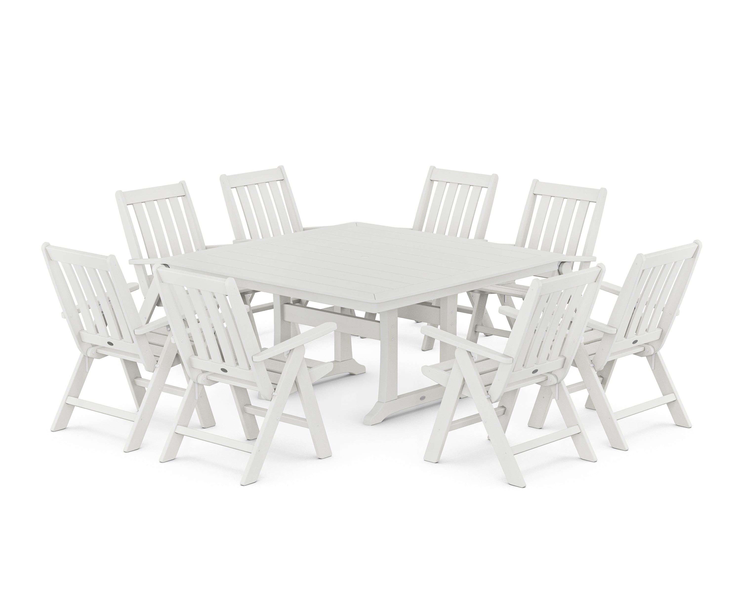 POLYWOOD Vineyard Folding Chair 9-Piece Square Dining Set with Trestle Legs in Vintage White