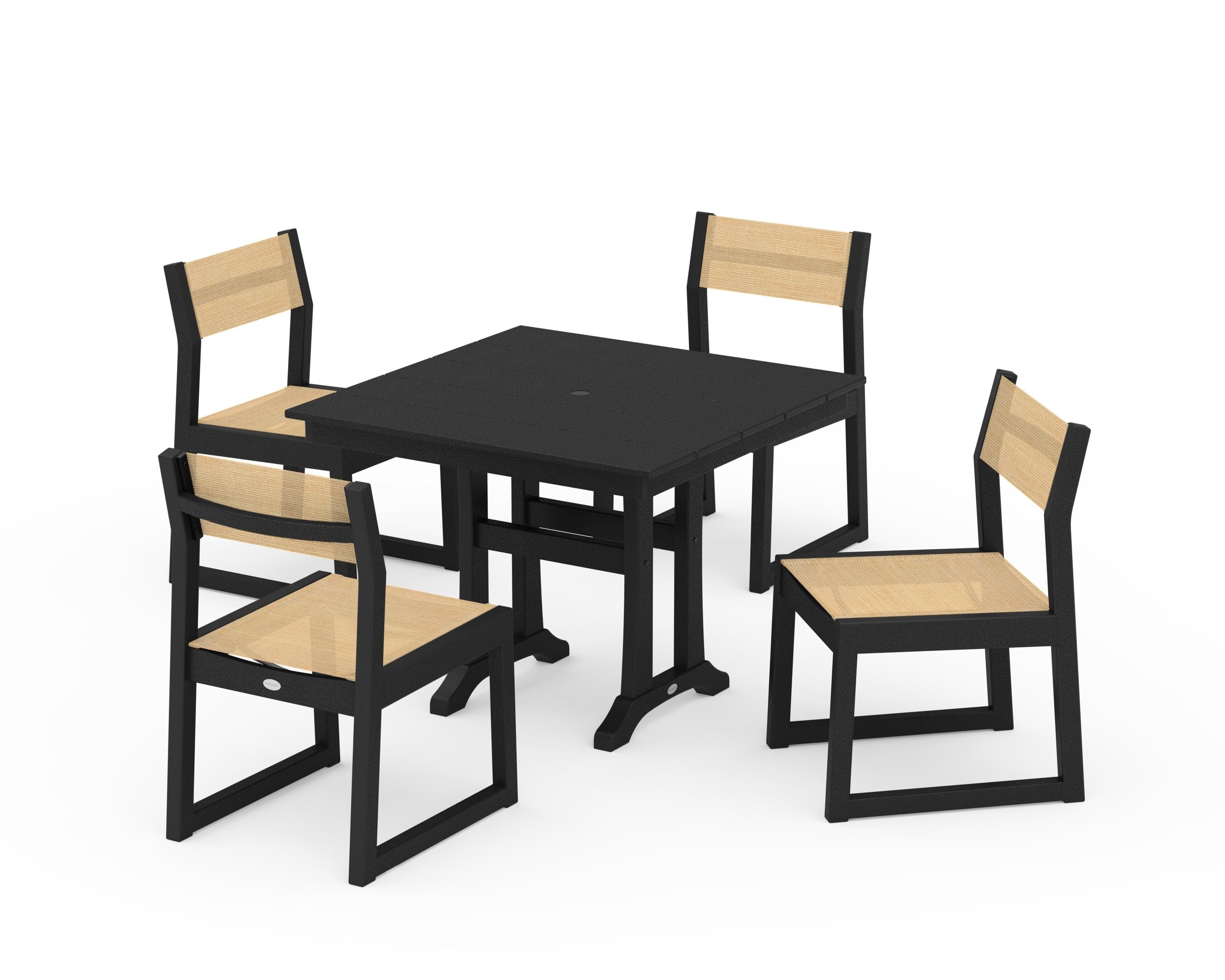 POLYWOOD EDGE Sling 5-Piece Farmhouse Trestle Side Chair Dining Set in Black / Dupioni Apricot Sling