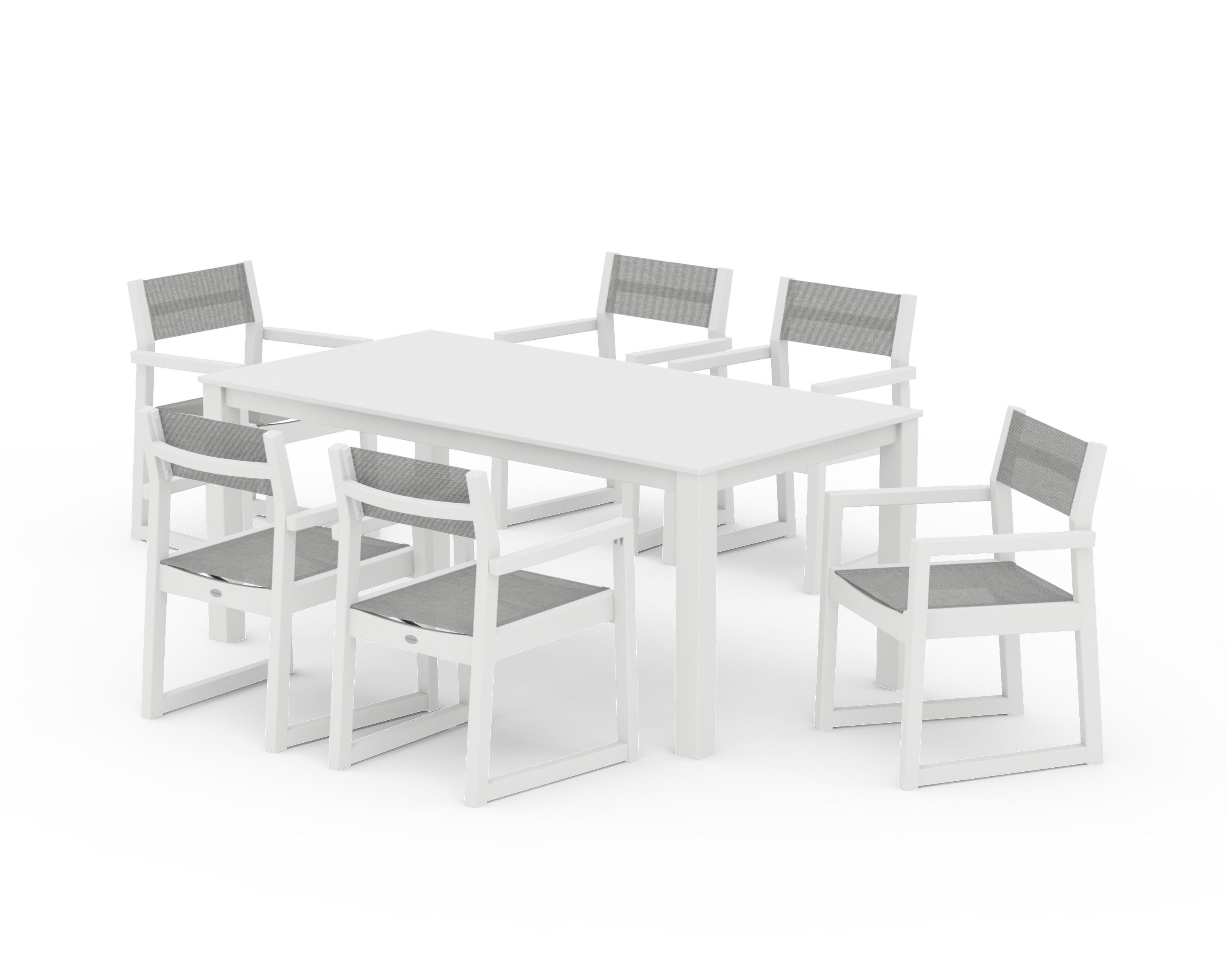 POLYWOOD EDGE Sling Arm Chair 7-Piece Parsons Dining Set in White / Metallic Sling