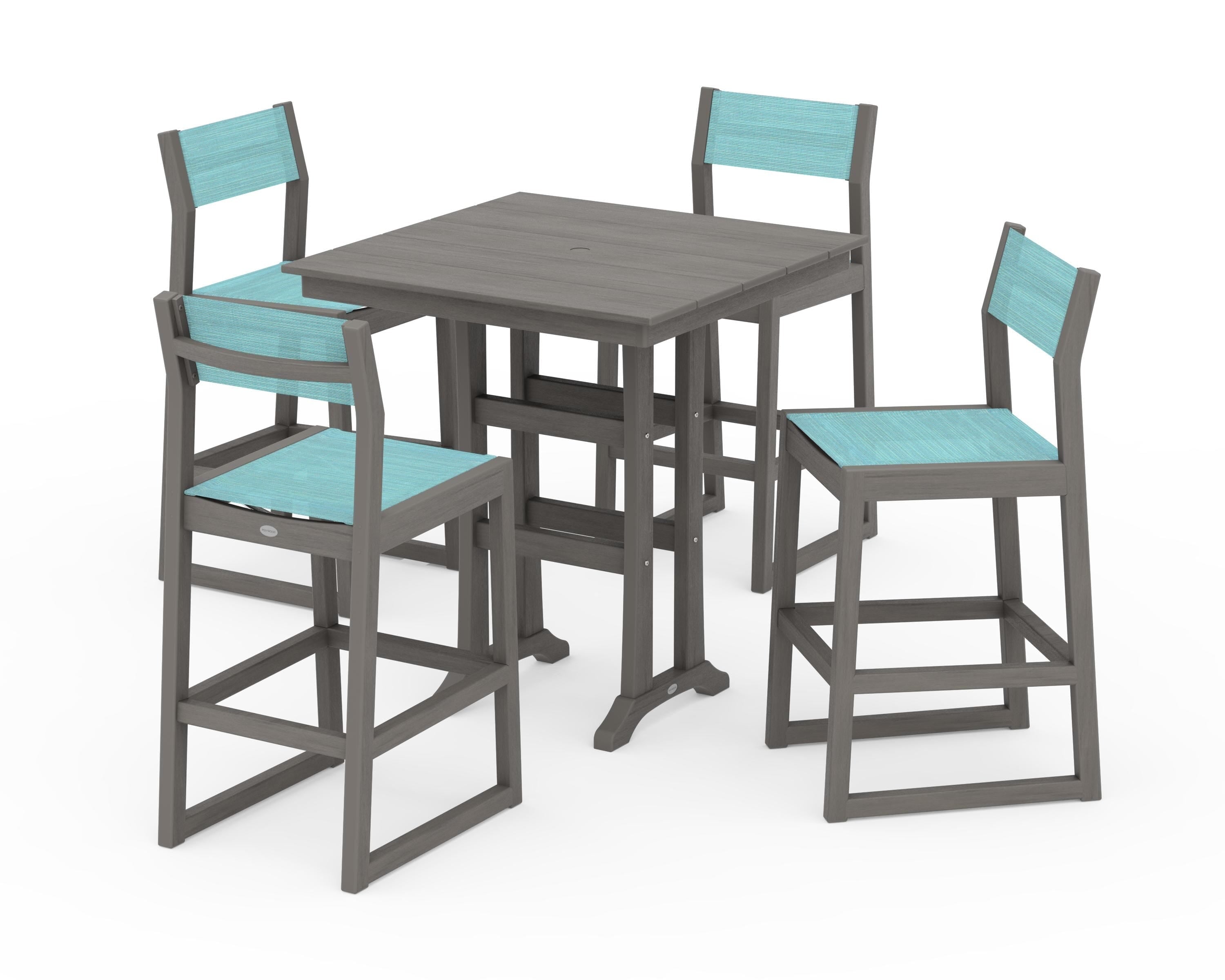 POLYWOOD EDGE Sling Arm Chair 5-Piece Farmhouse Bar Set with Trestle Legs in Driftwood / Dupioni Aquamarine Sling