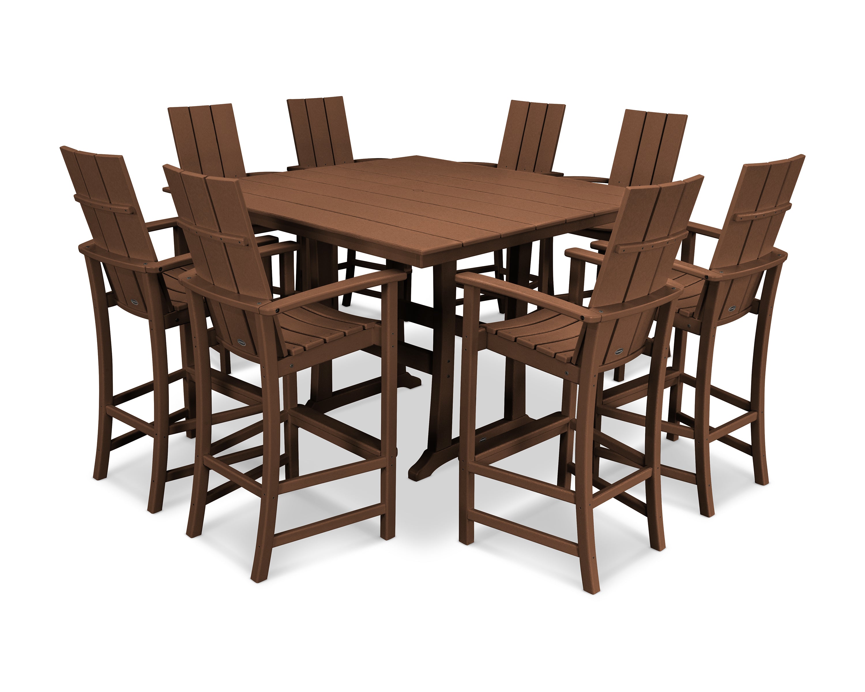 POLYWOOD® Modern Adirondack 9-Piece Farmhouse Trestle Bar Set in Teak