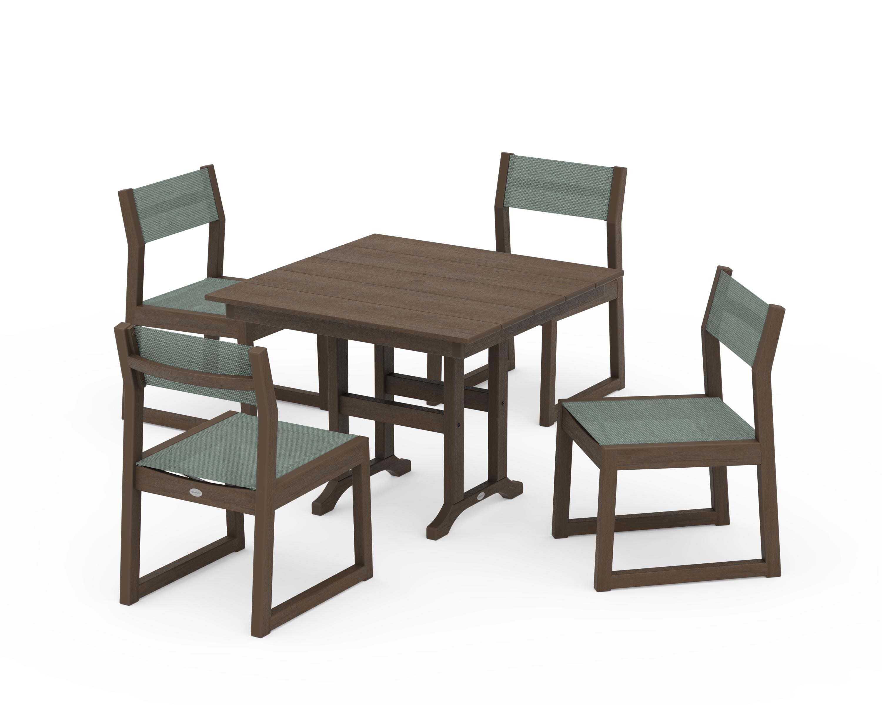 POLYWOOD EDGE Sling Side Chair 5-Piece Farmhouse Dining Set in Kona / Dupioni Sea Mist Sling